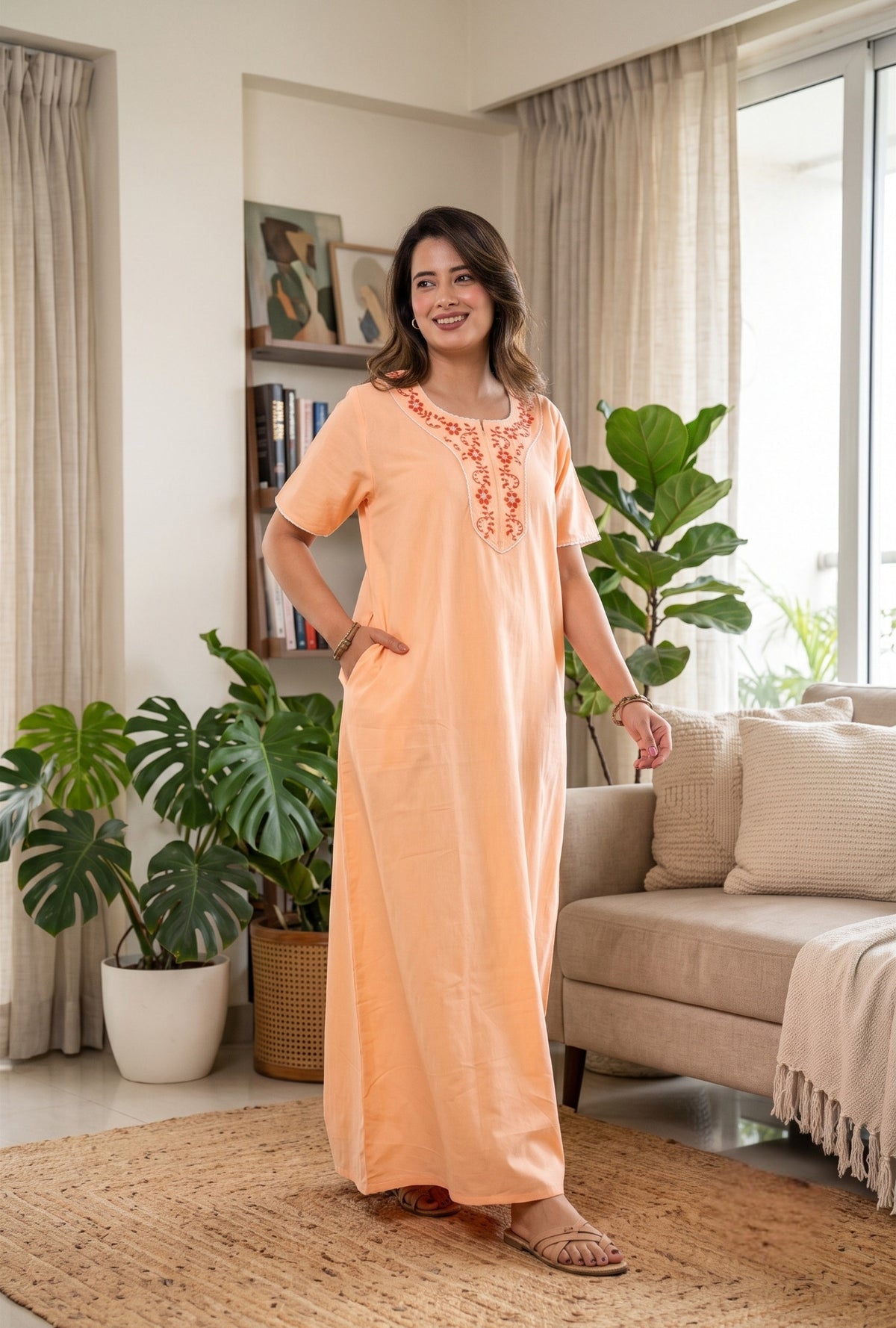 Flora Grace Peach Embroidered Cotton Night Gown