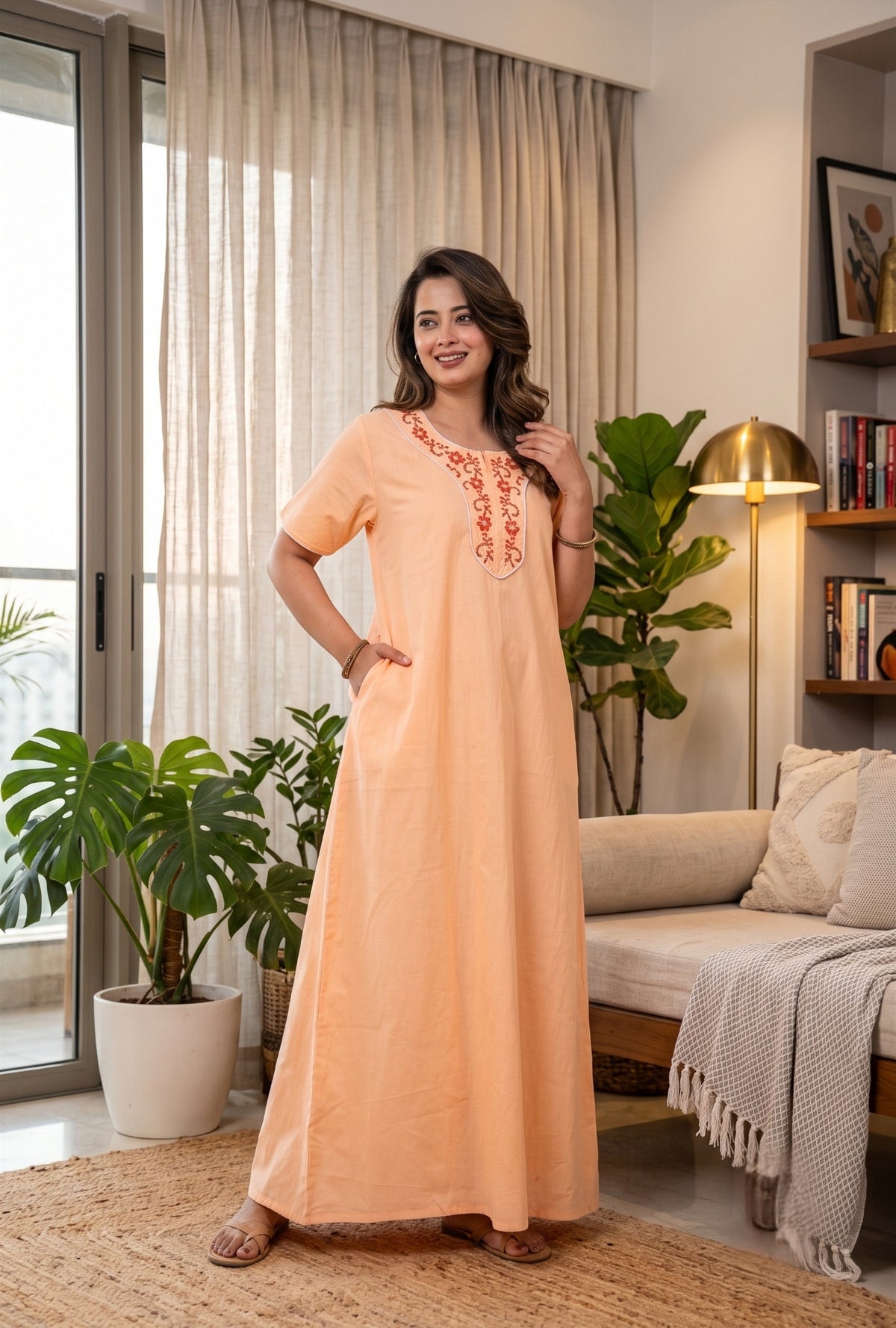 Flora Grace Peach Embroidered Cotton Night Gown