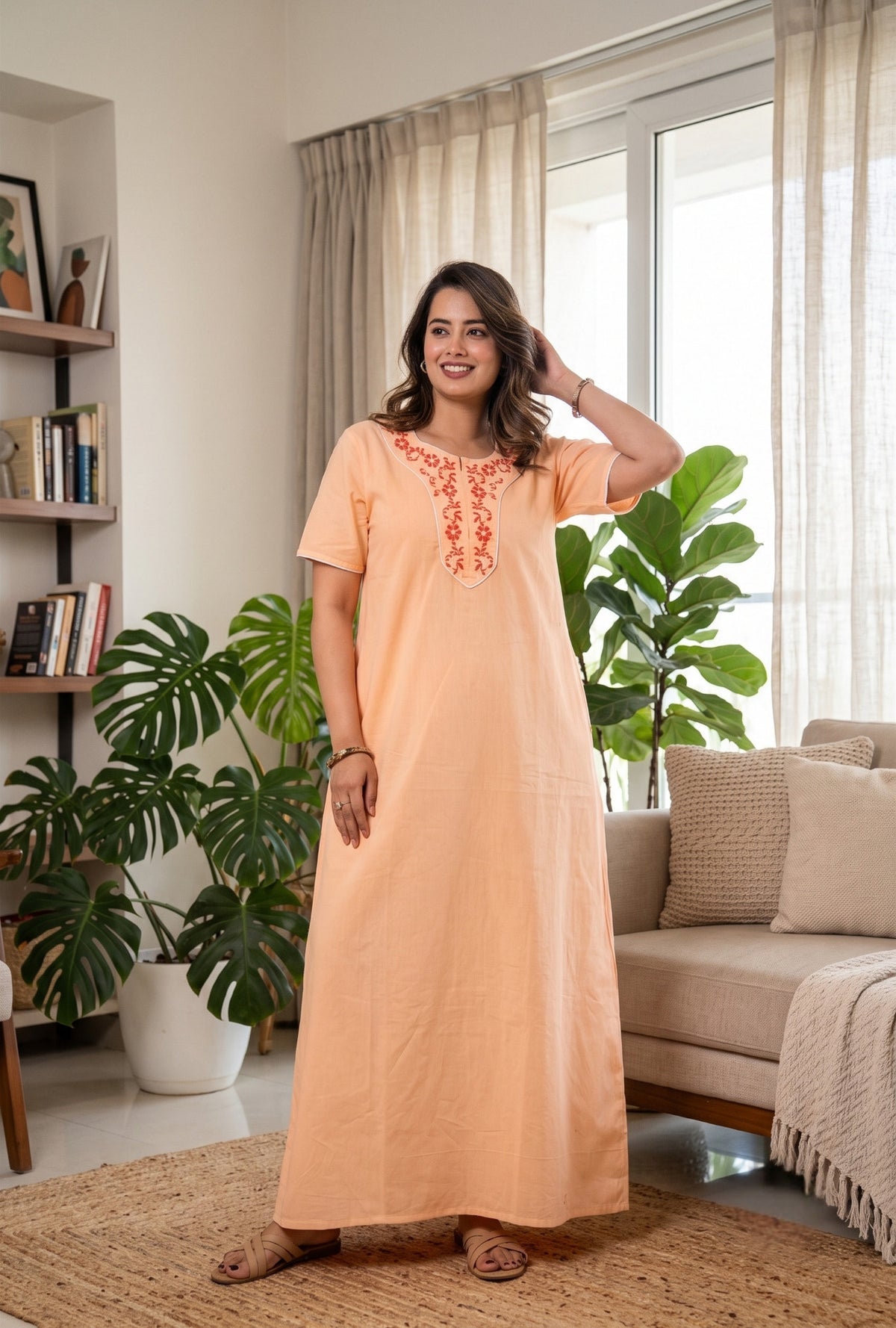 Flora Grace Peach Embroidered Cotton Night Gown