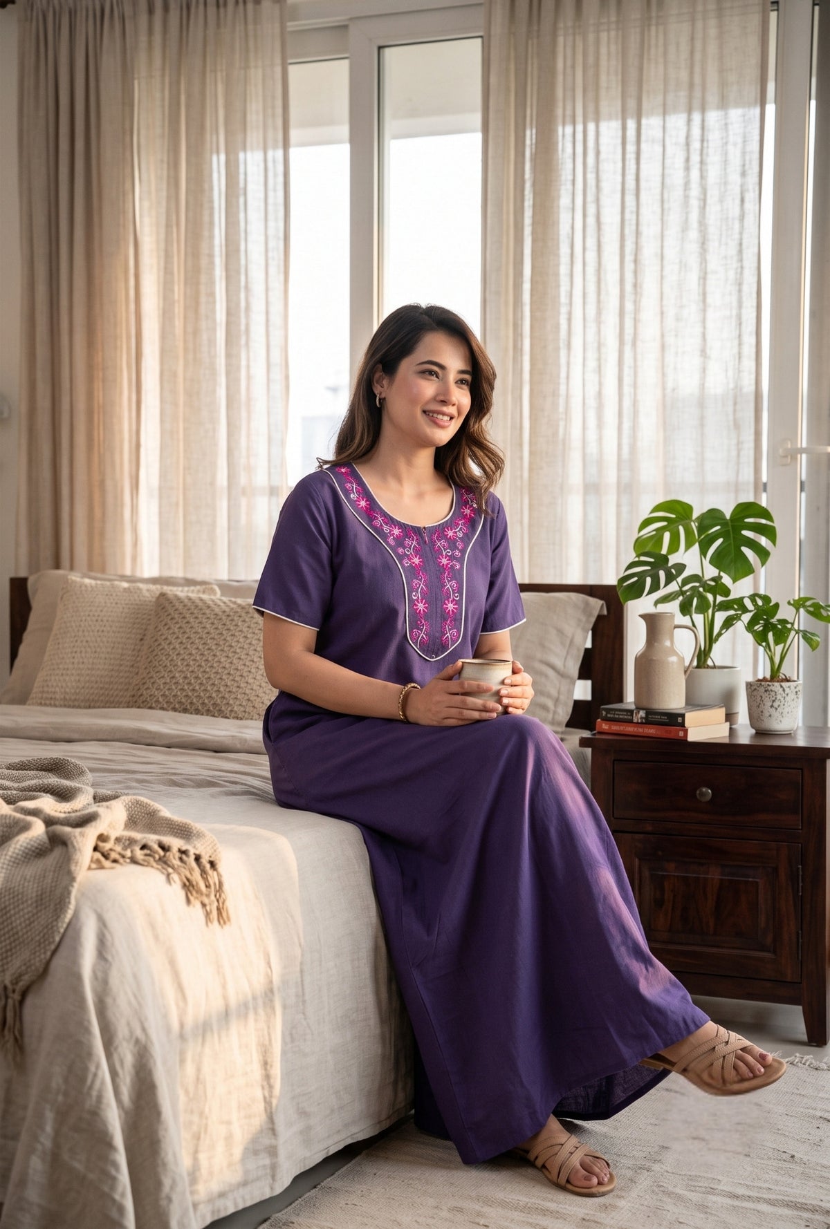 Flora Grace Royal Purple Embroidered Cotton Night Gown