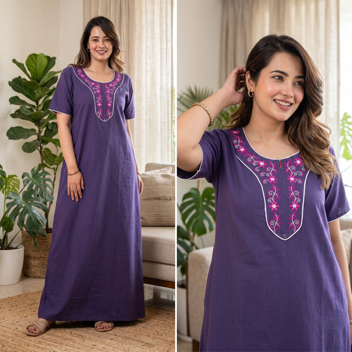 Flora Grace Royal Purple Embroidered Cotton Night Gown