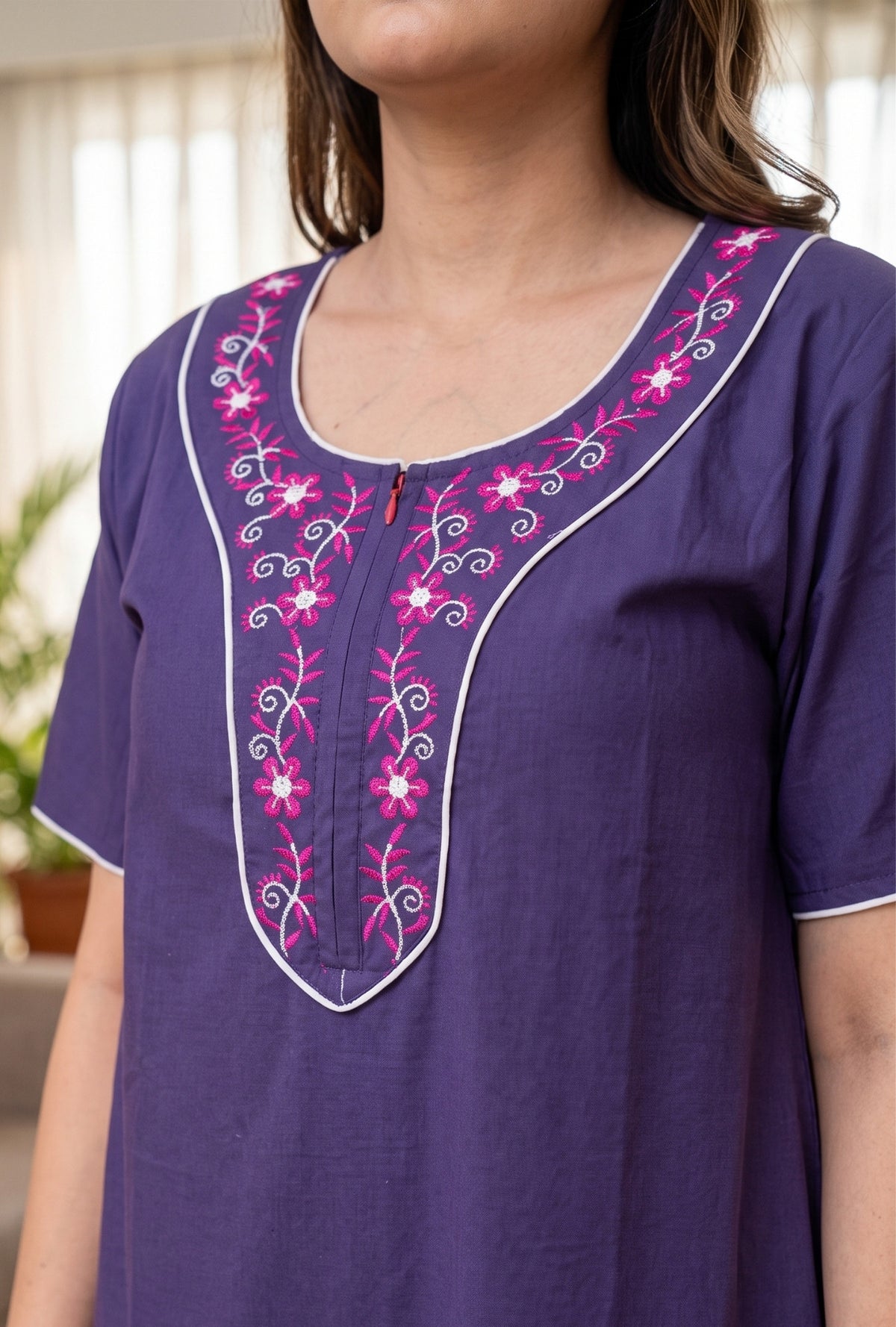 Flora Grace Royal Purple Embroidered Cotton Night Gown