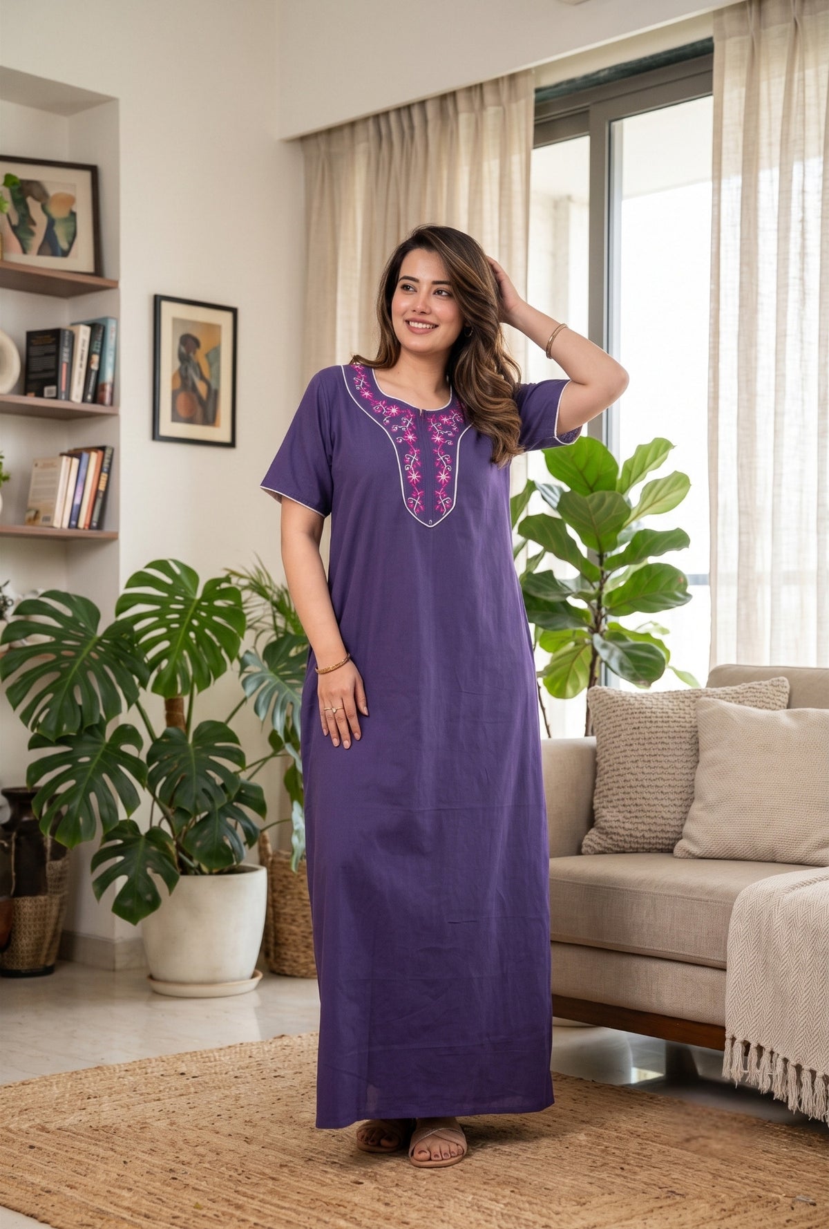 Flora Grace Royal Purple Embroidered Cotton Night Gown