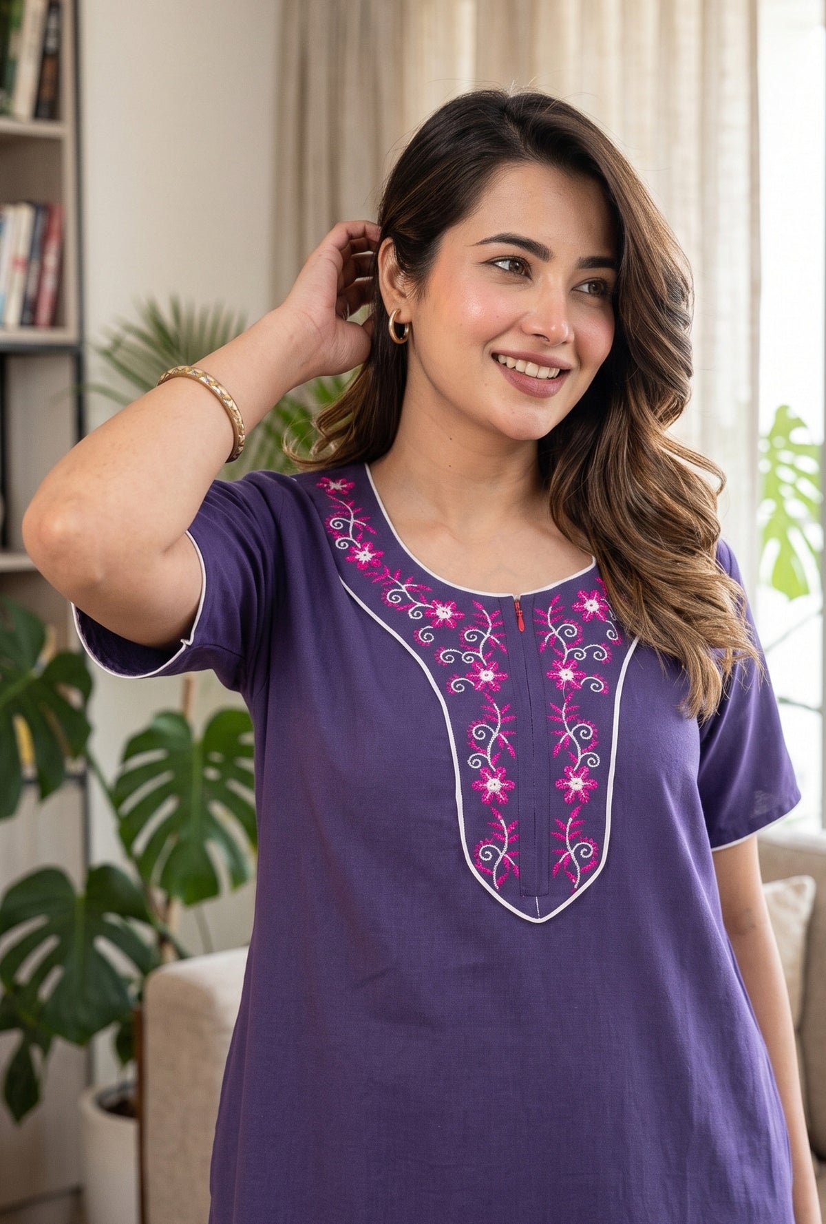 Flora Grace Royal Purple Embroidered Cotton Night Gown