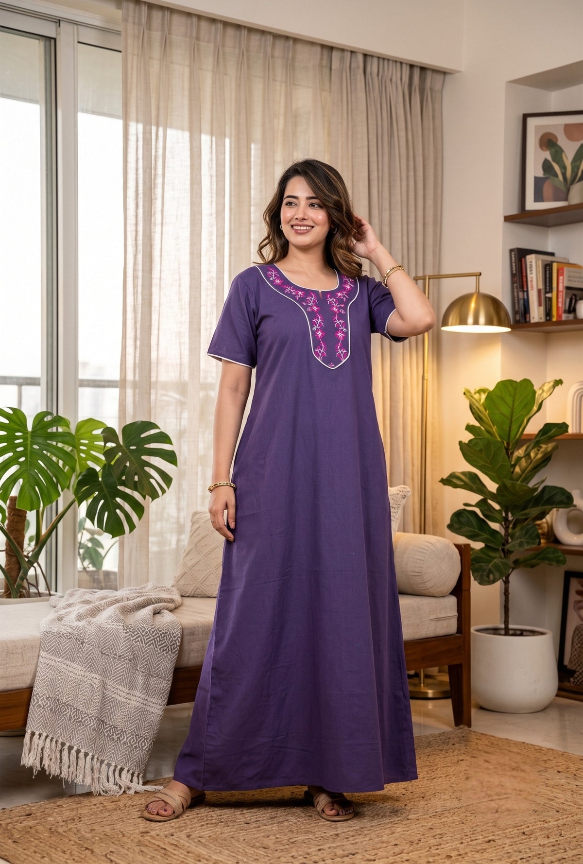 Flora Grace Royal Purple Embroidered Cotton Night Gown