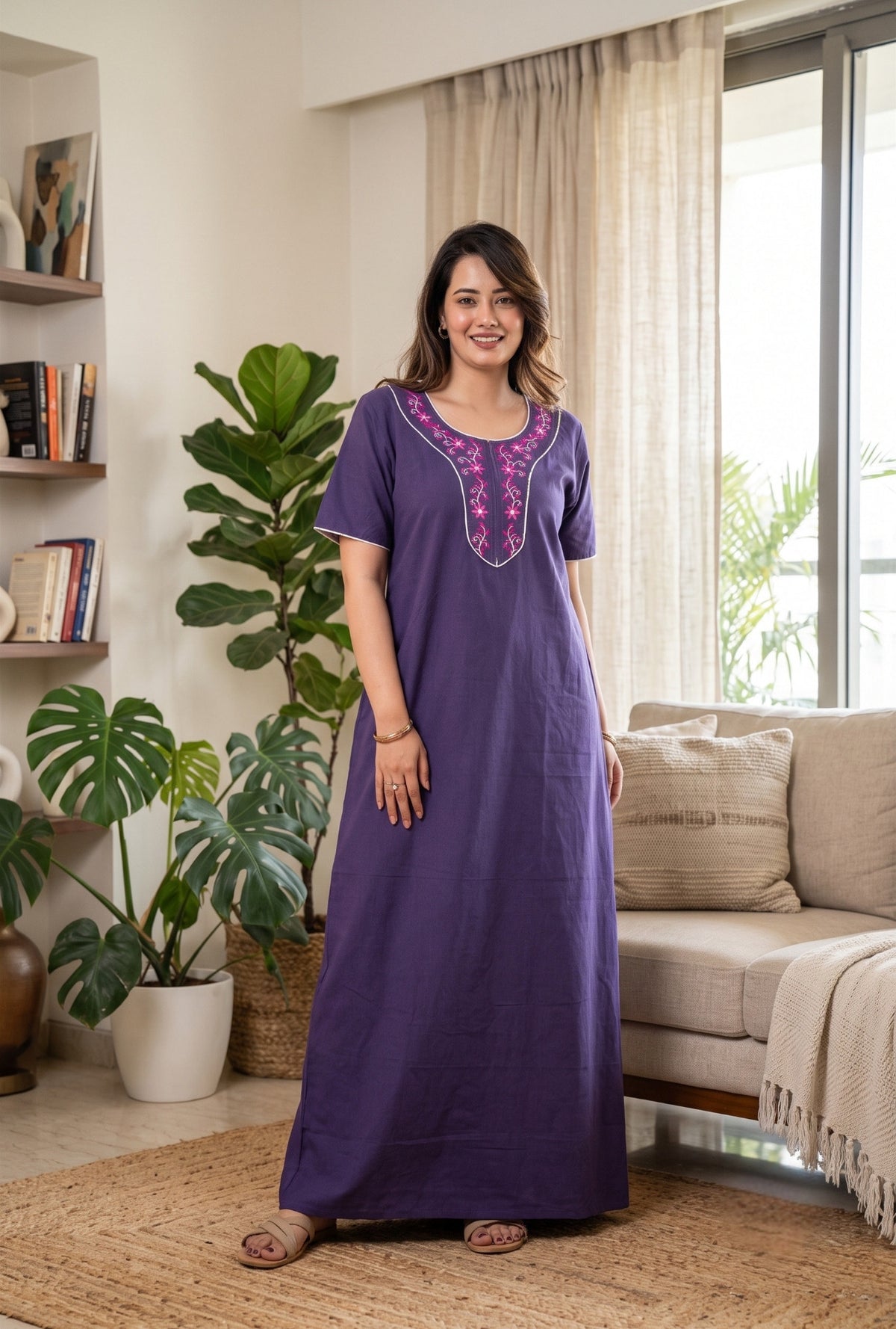 Flora Grace Royal Purple Embroidered Cotton Night Gown