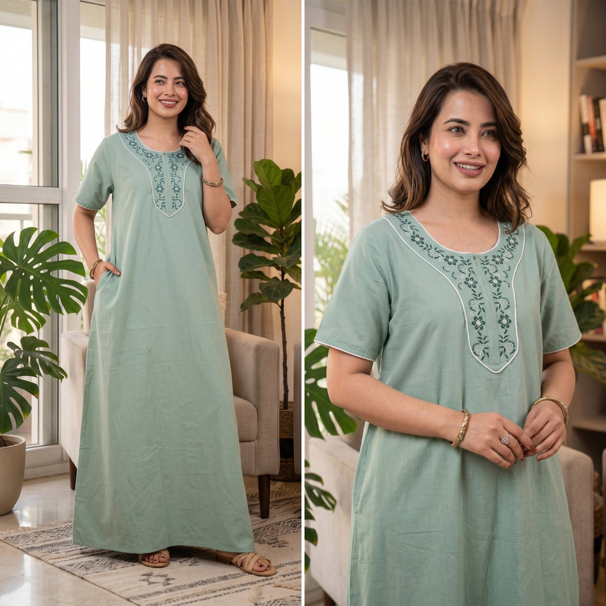 Flora Grace Sage Green Embroidered Cotton Night Gown