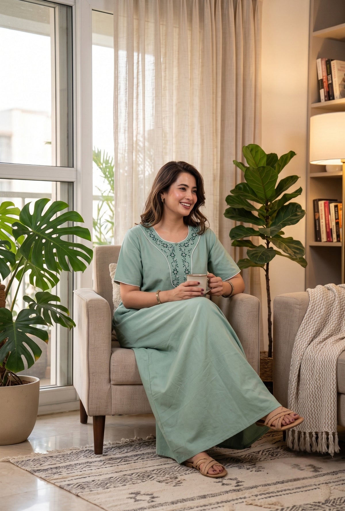Flora Grace Sage Green Embroidered Cotton Night Gown