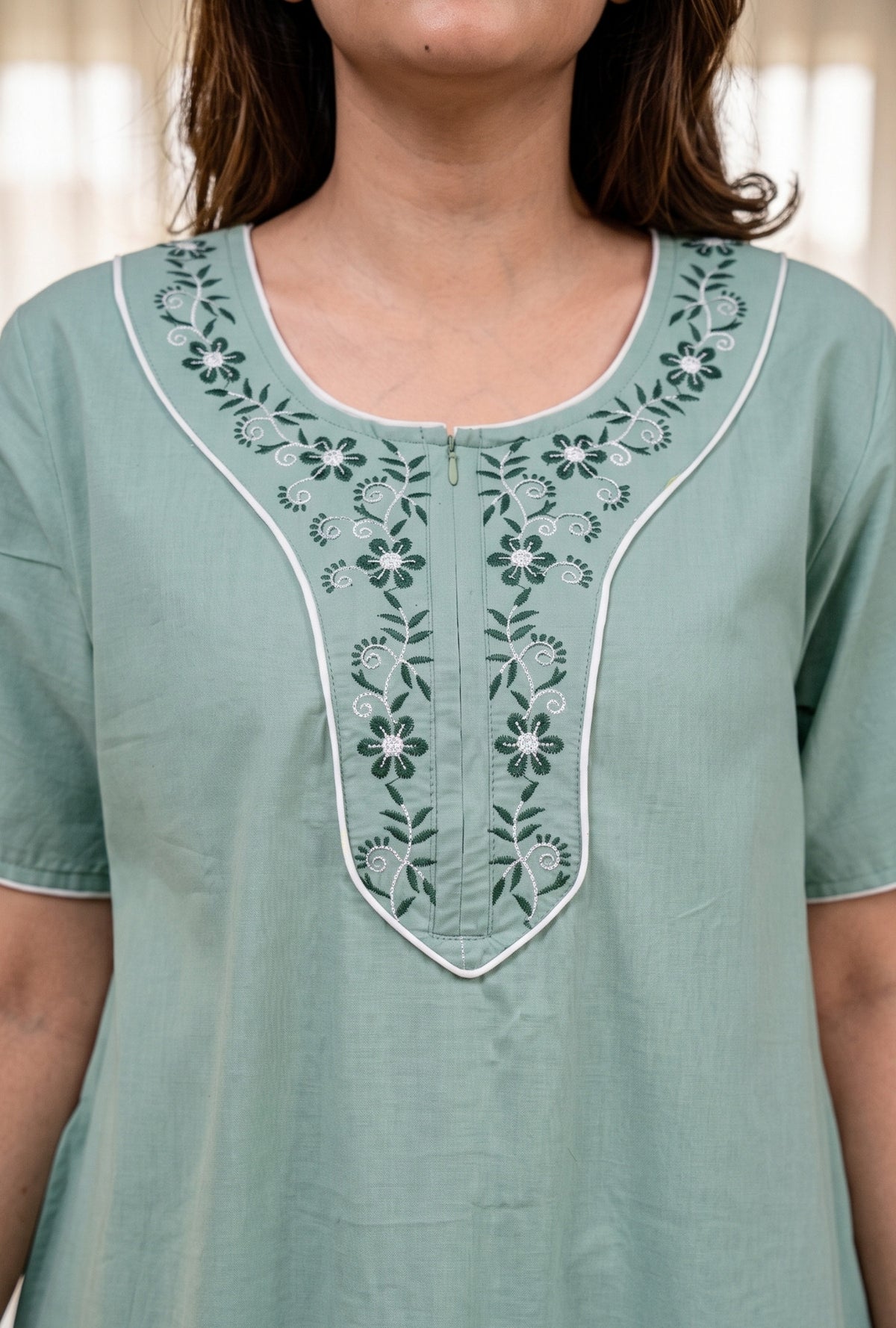 Flora Grace Sage Green Embroidered Cotton Night Gown