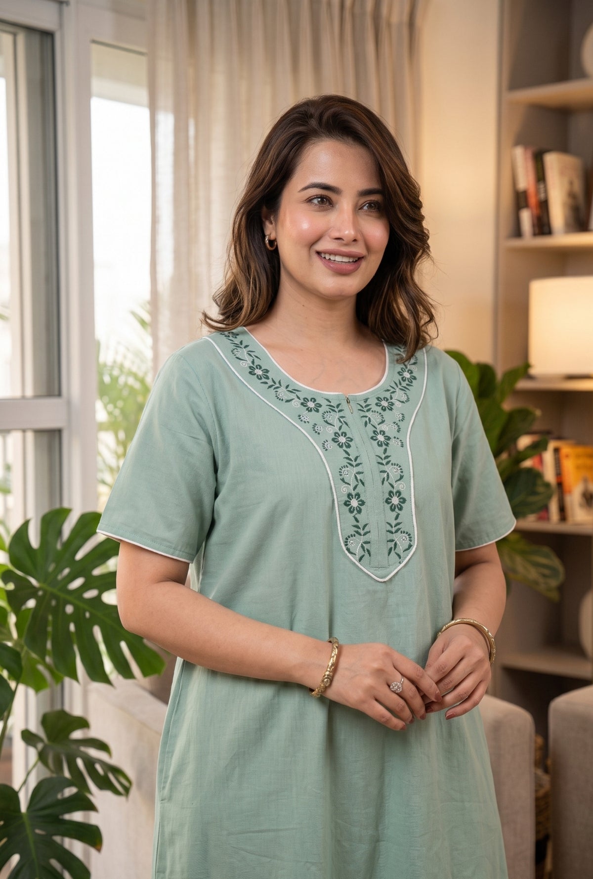 Flora Grace Sage Green Embroidered Cotton Night Gown
