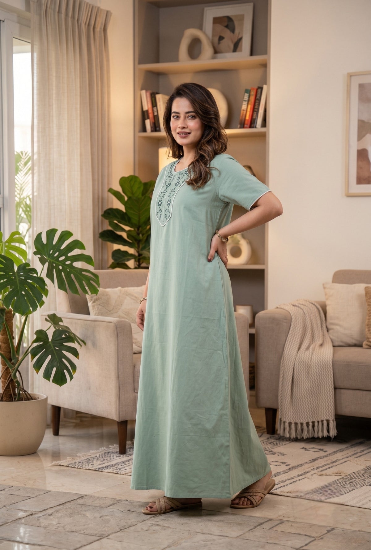 Flora Grace Sage Green Embroidered Cotton Night Gown