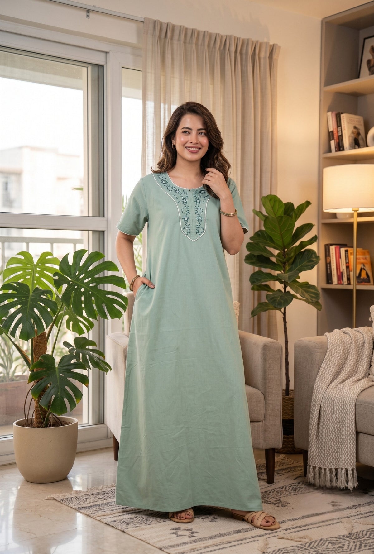 Flora Grace Sage Green Embroidered Cotton Night Gown