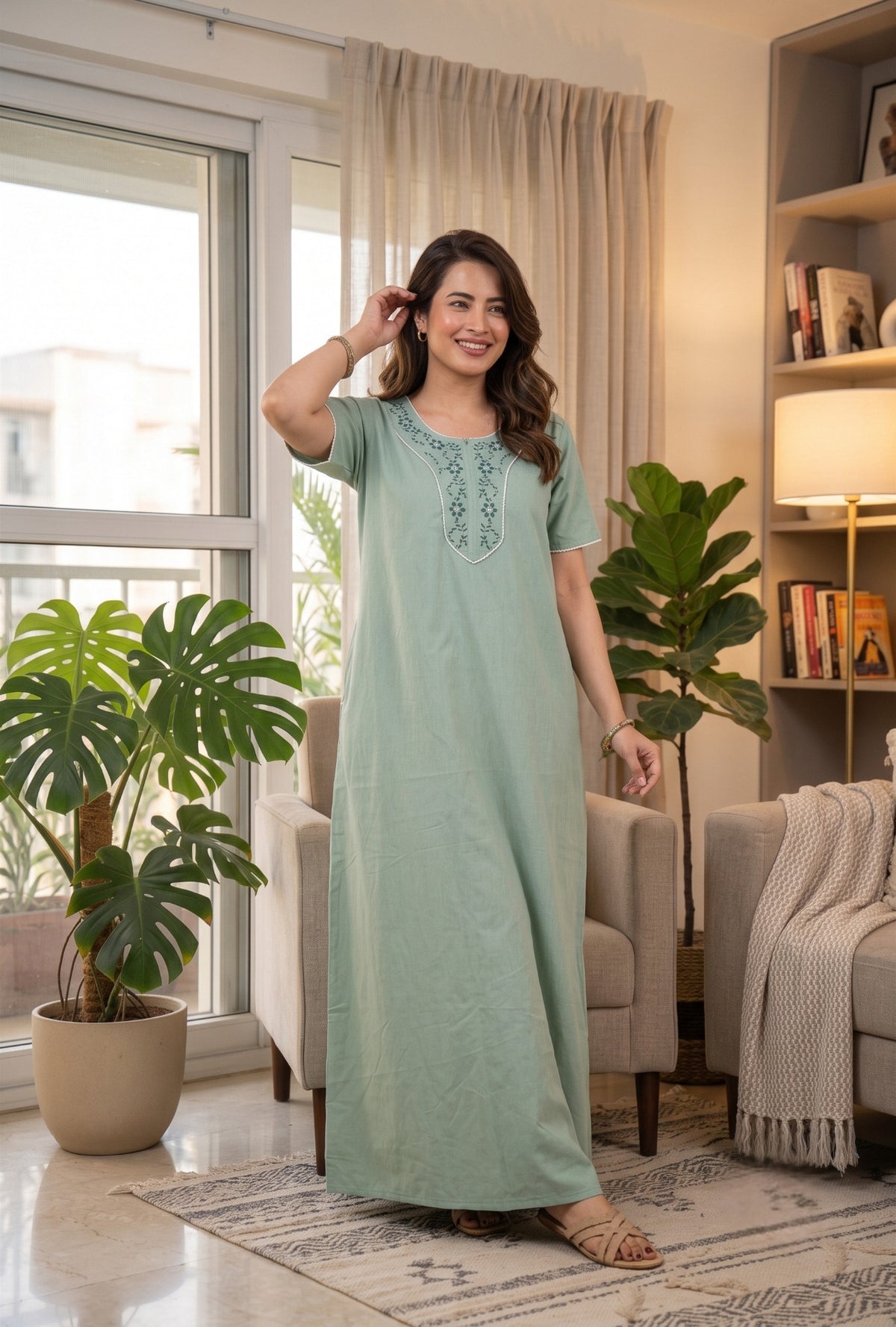 Flora Grace Sage Green Embroidered Cotton Night Gown