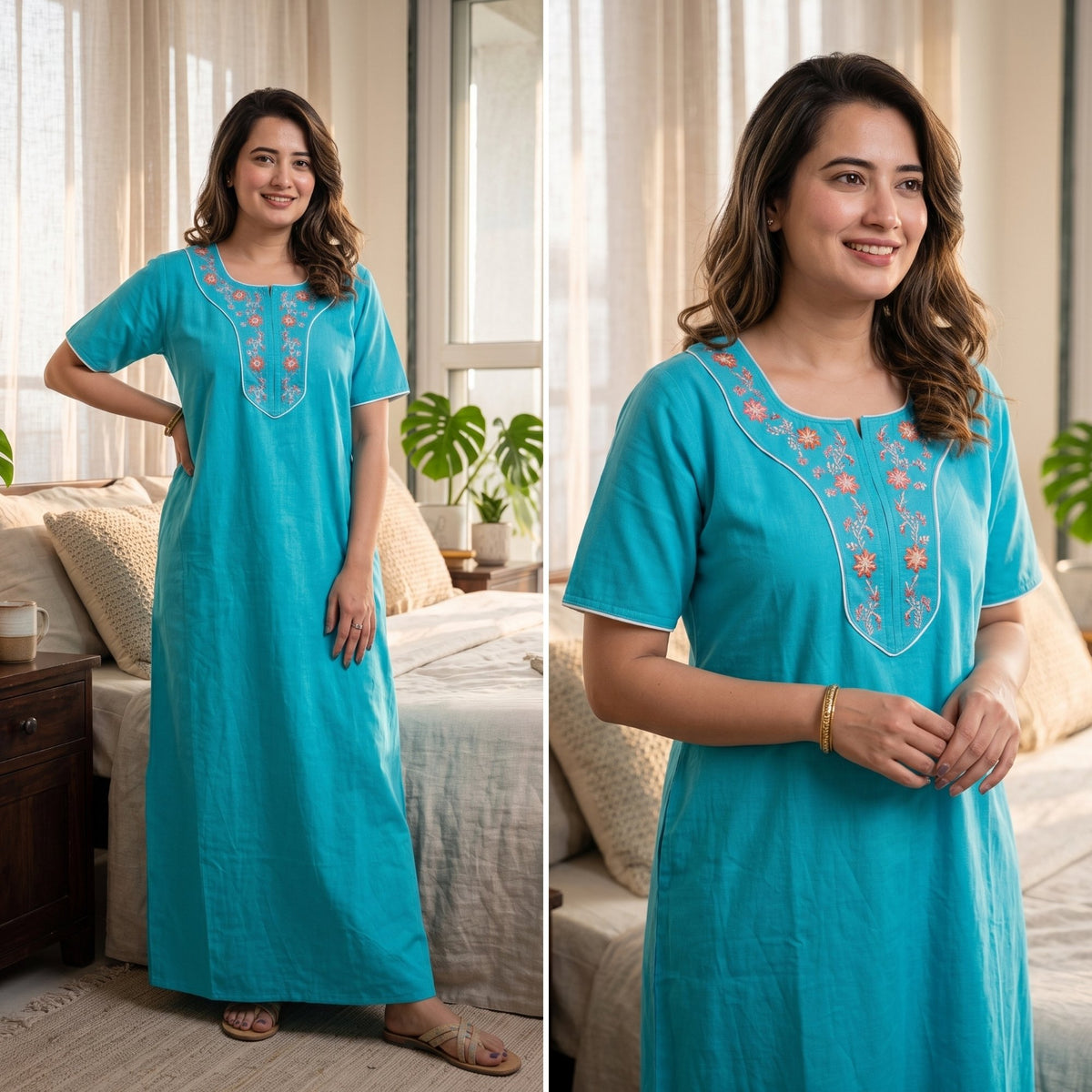 Flora Grace Turquoise Embroidered Cotton Night Gown