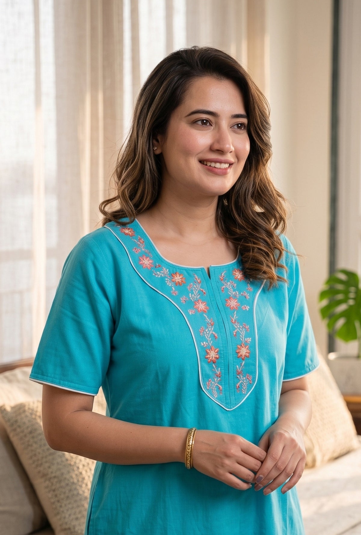 Flora Grace Turquoise Embroidered Cotton Night Gown