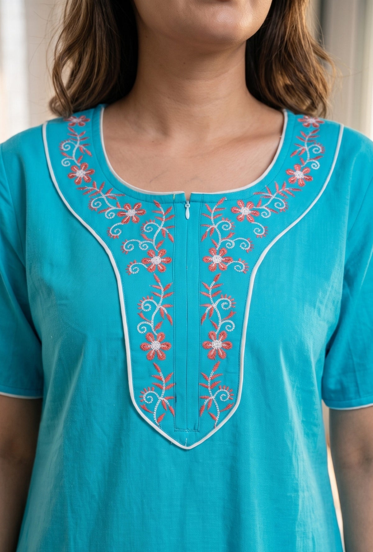 Flora Grace Turquoise Embroidered Cotton Night Gown