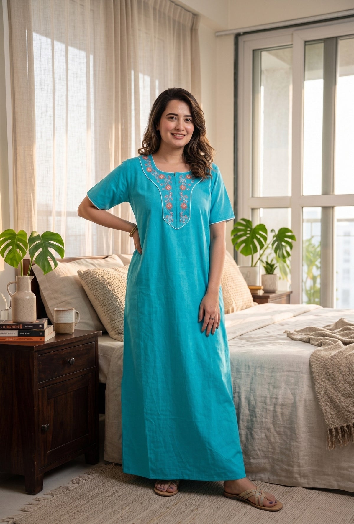 Flora Grace Turquoise Embroidered Cotton Night Gown