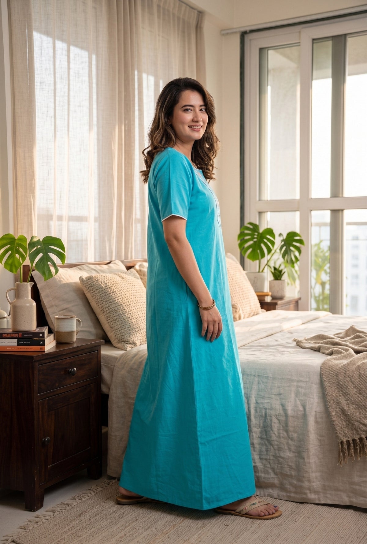 Flora Grace Turquoise Embroidered Cotton Night Gown