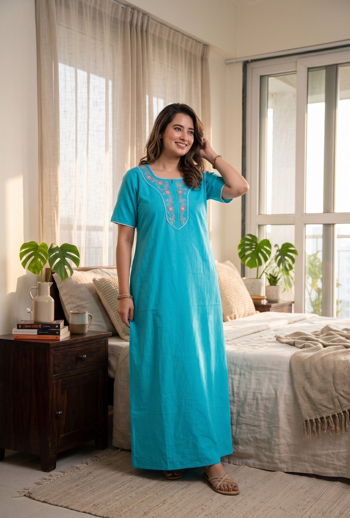 Flora Grace Turquoise Embroidered Cotton Night Gown