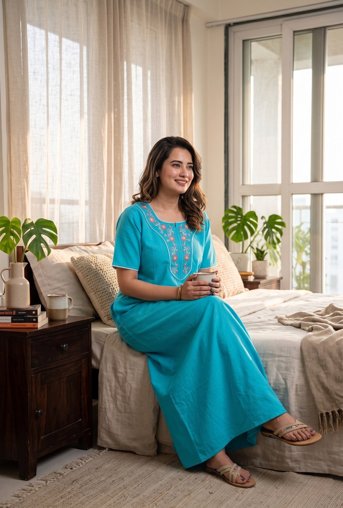 Flora Grace Turquoise Embroidered Cotton Night Gown
