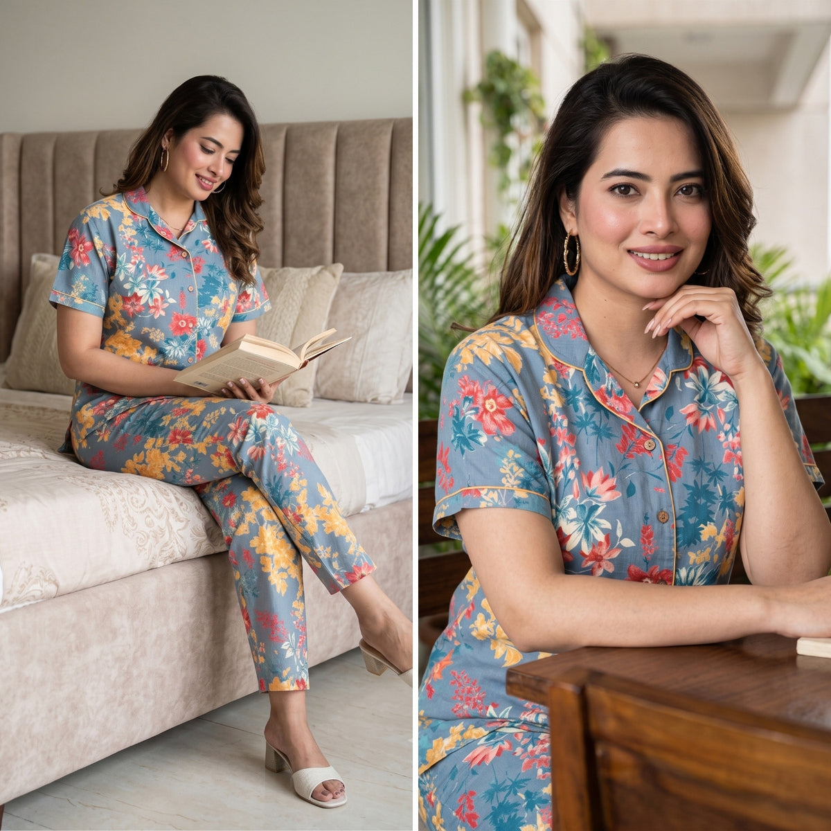 Foam Flower Dark Grey Cotton Night Suit