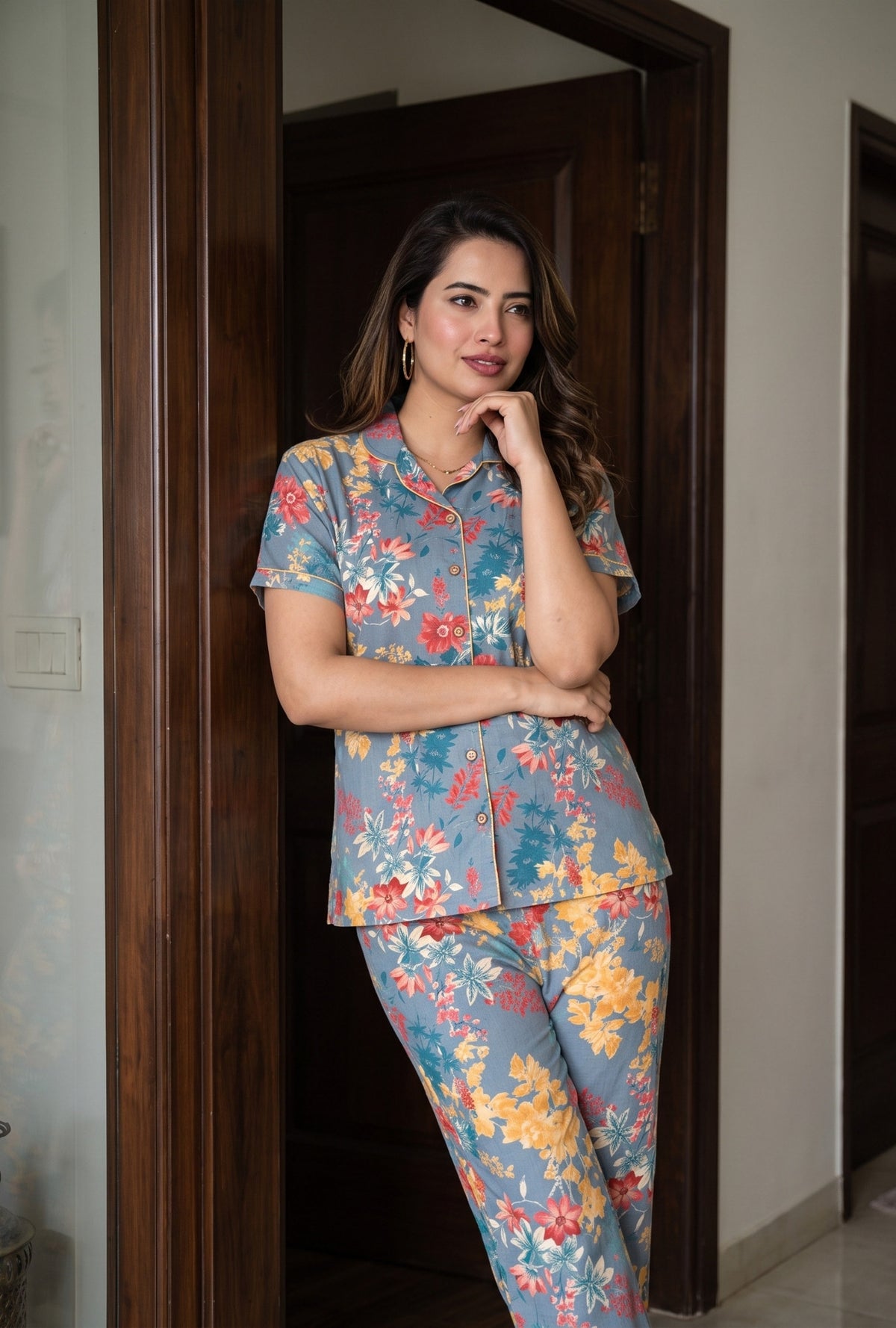 Foam Flower Dark Grey Cotton Night Suit