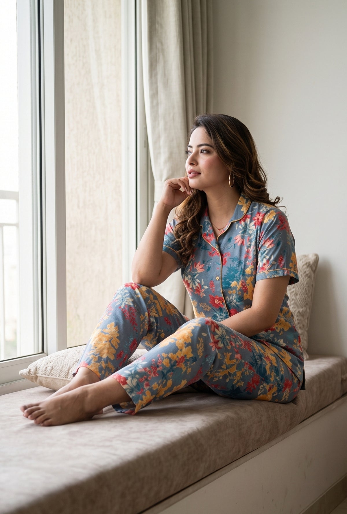 Foam Flower Dark Grey Cotton Night Suit