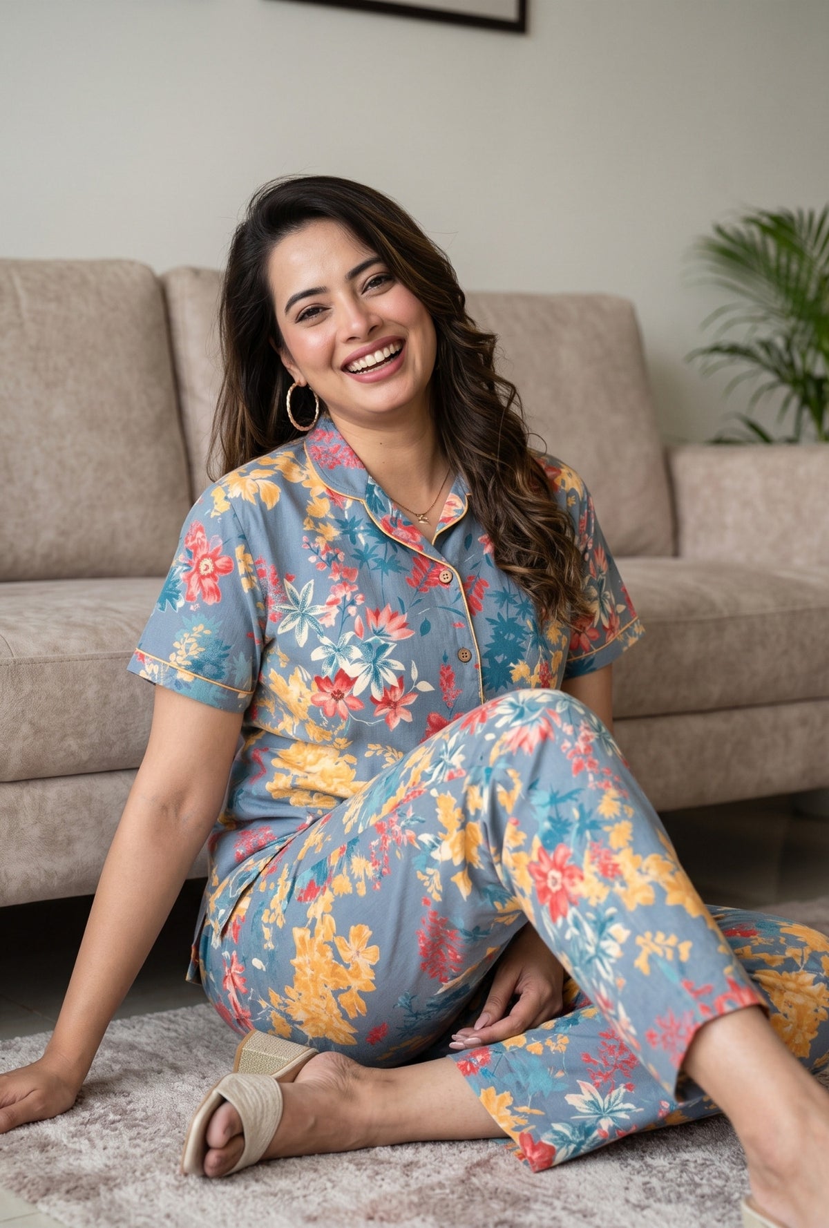Foam Flower Dark Grey Cotton Night Suit