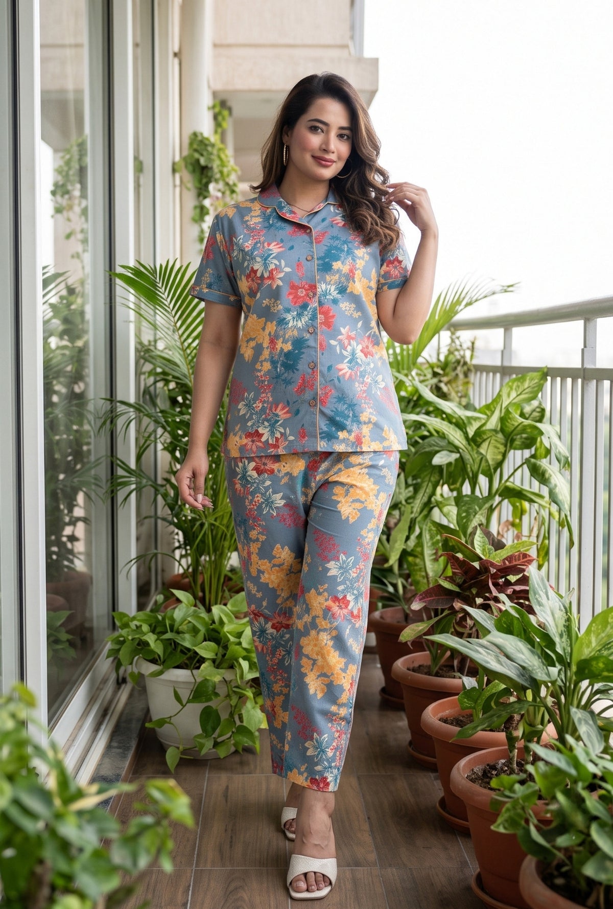Foam Flower Dark Grey Cotton Night Suit