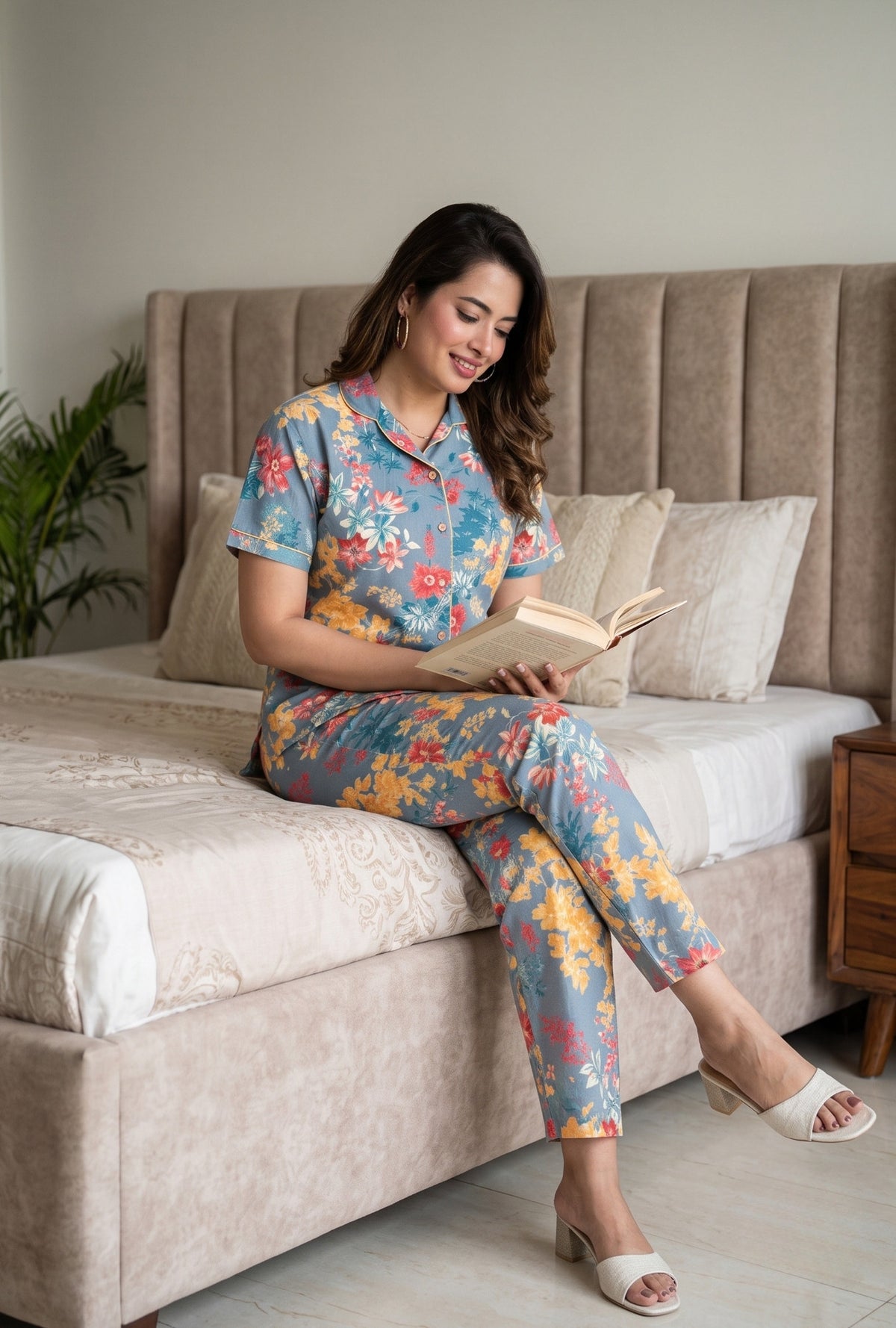 Foam Flower Dark Grey Cotton Night Suit