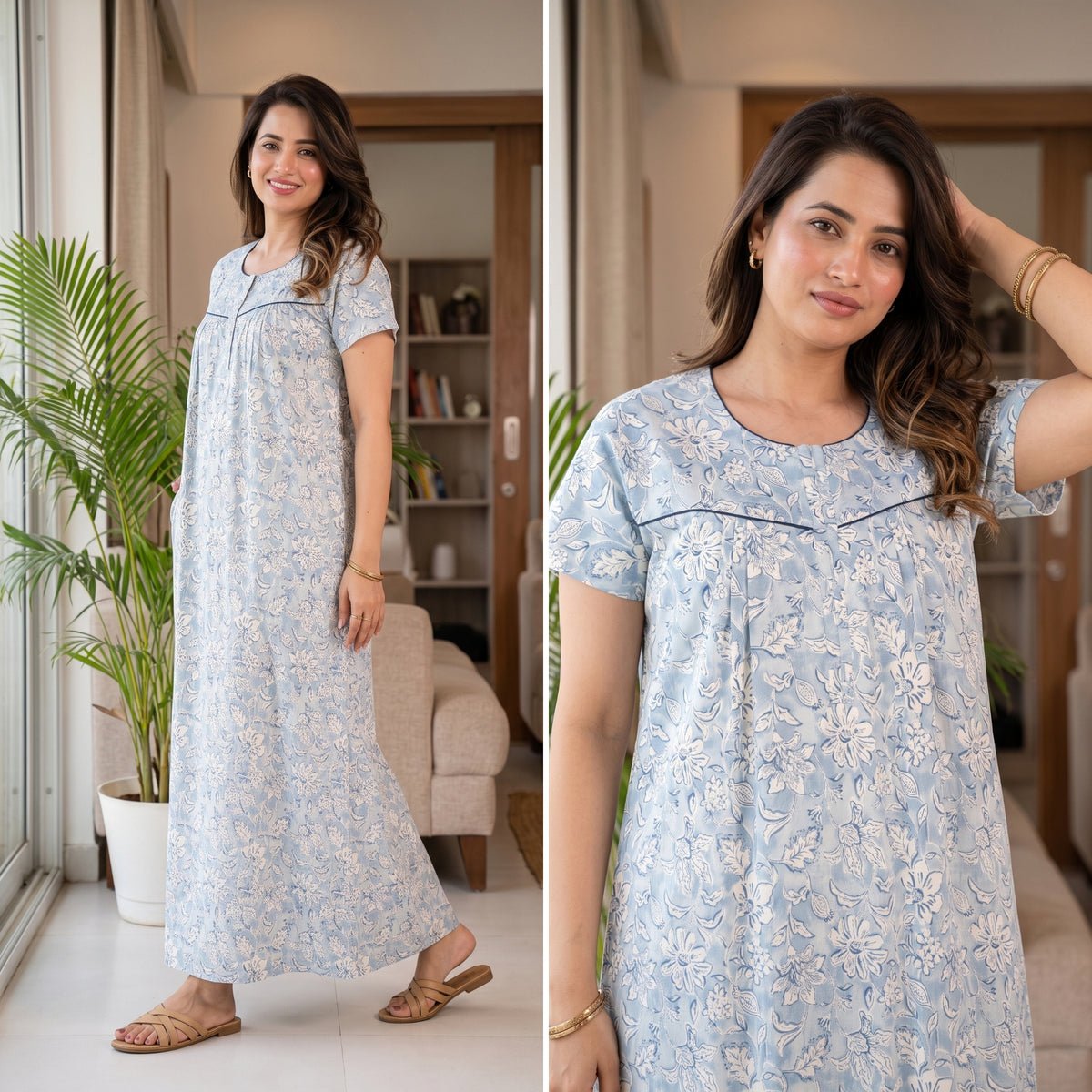 Haze Flower Blue Cotton Printed Nightwear Gowns
