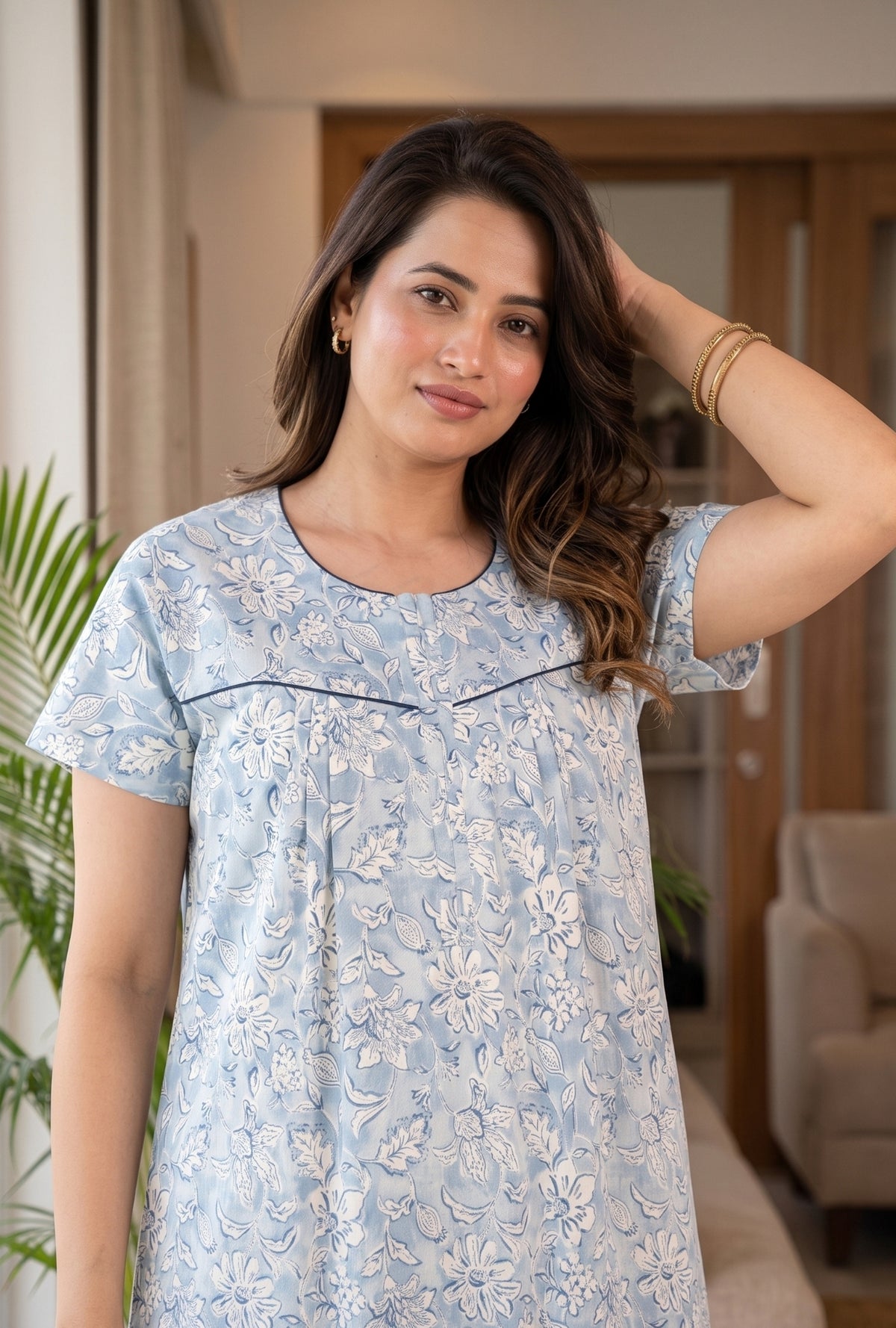 Haze Flower Blue Cotton Printed Nightwear Gowns
