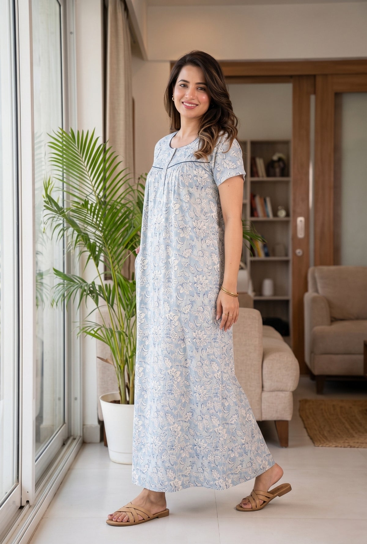 Haze Flower Blue Cotton Printed Nightwear Gowns