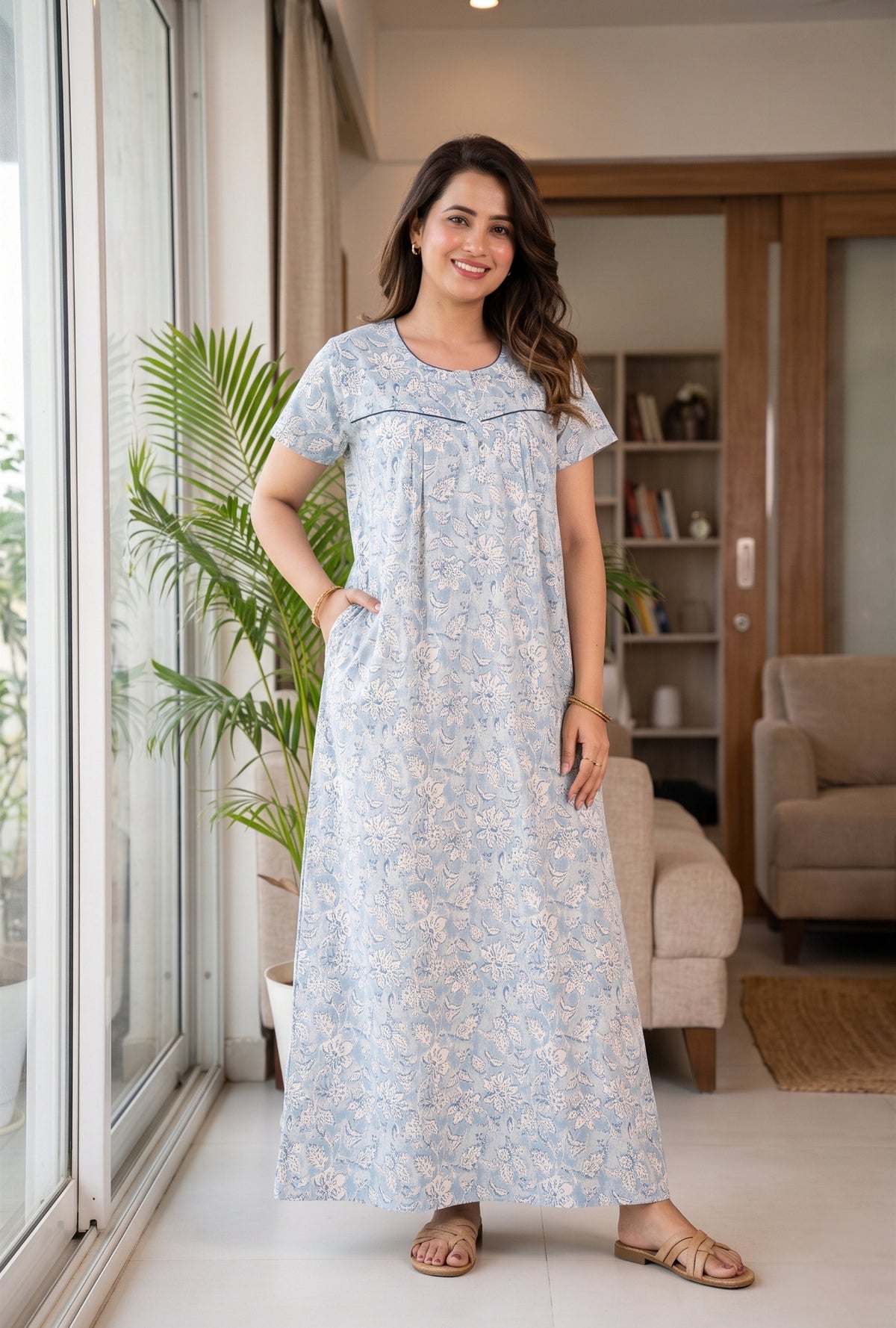 Haze Flower Blue Cotton Printed Nightwear Gowns