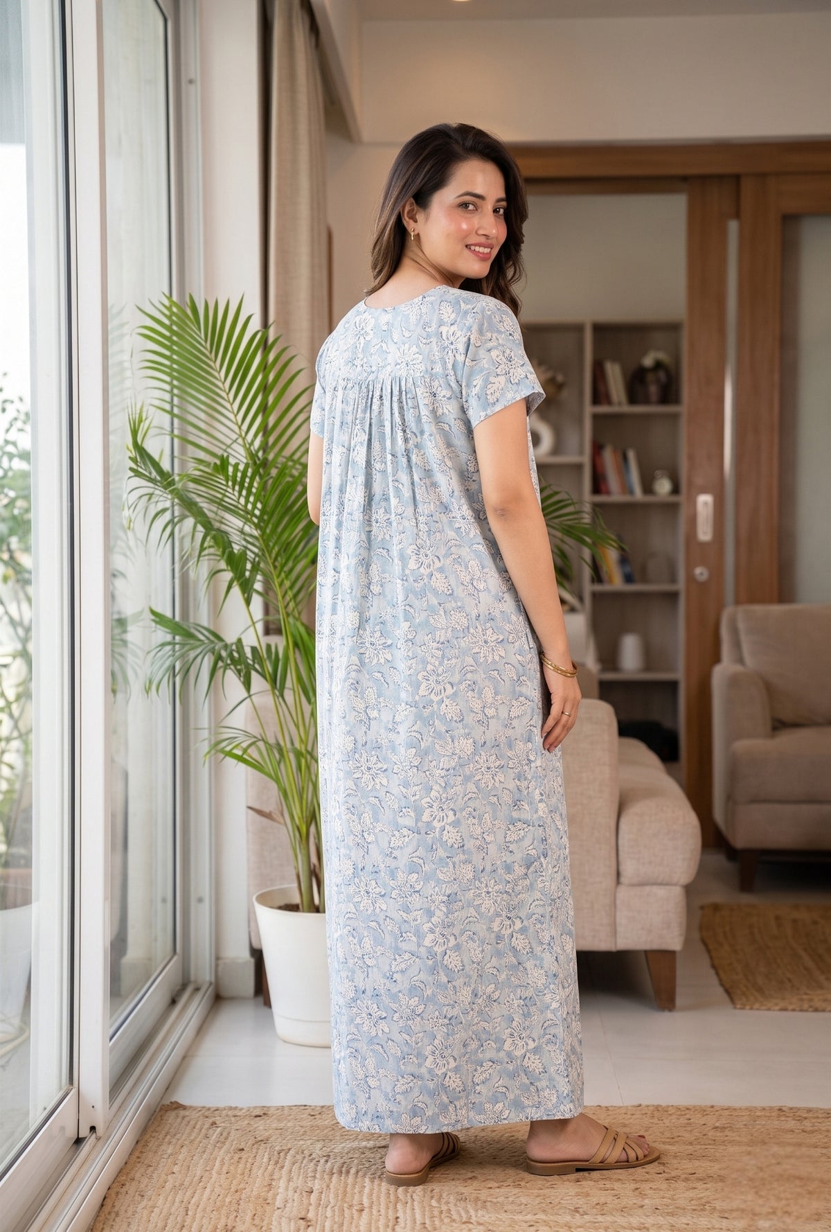 Haze Flower Blue Cotton Printed Nightwear Gowns