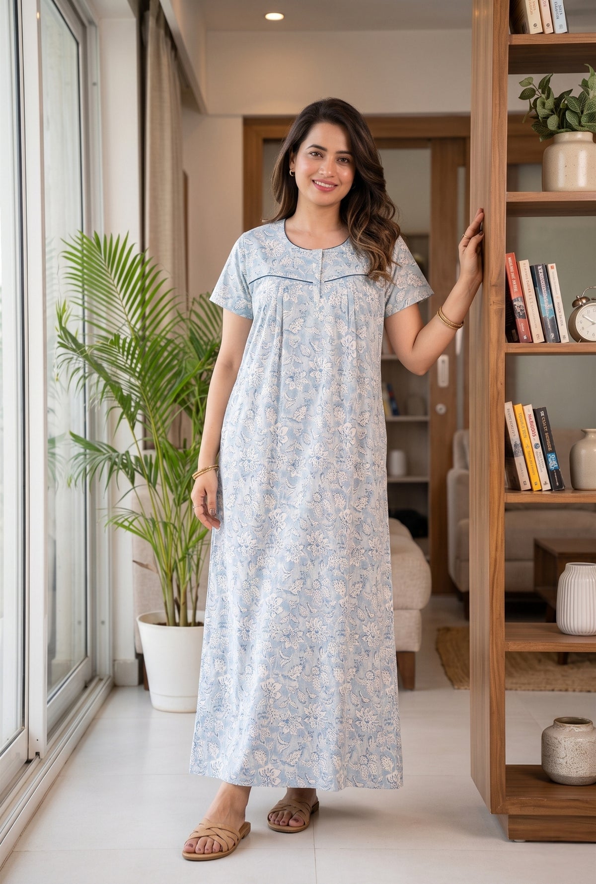 Haze Flower Blue Cotton Printed Nightwear Gowns