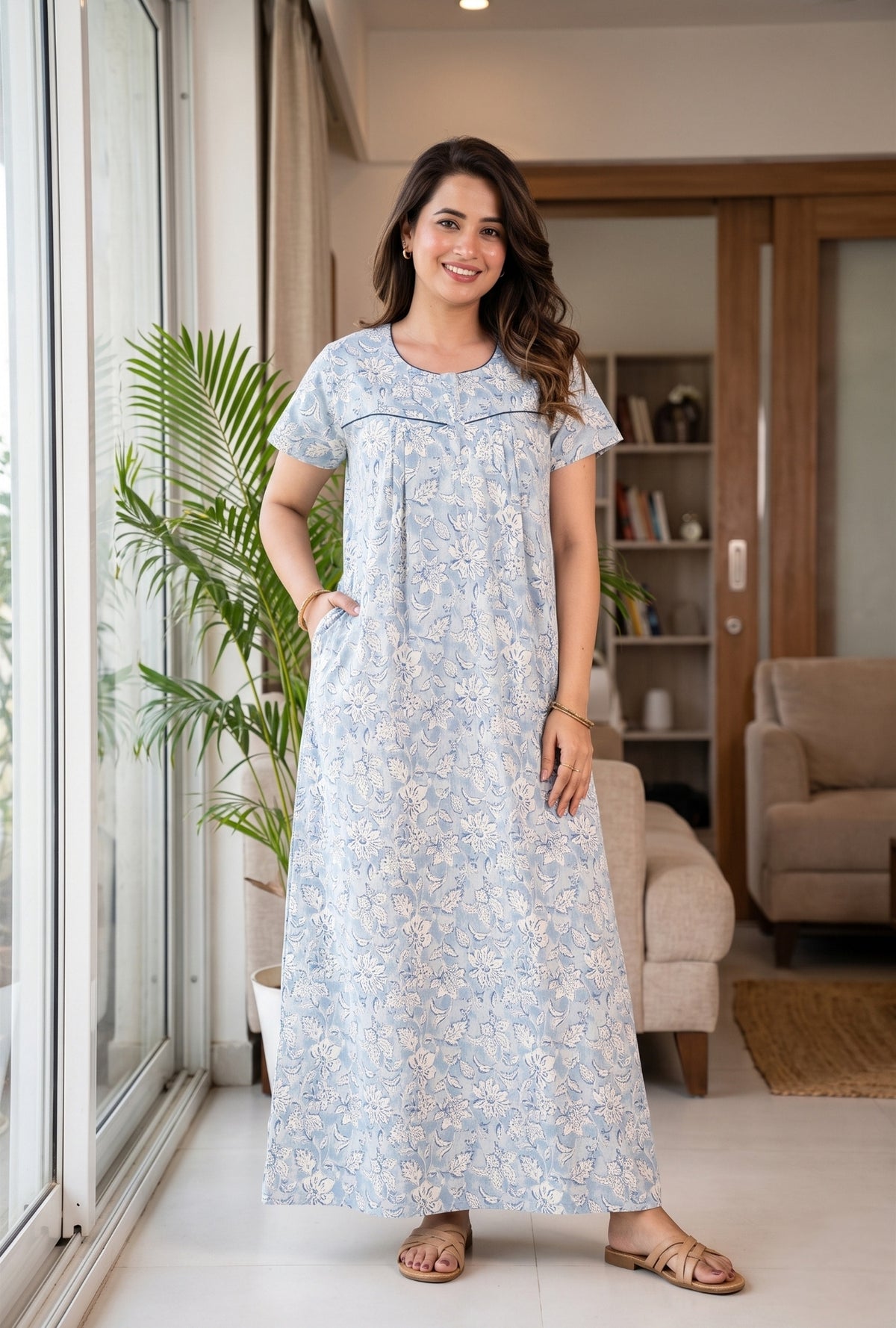 Haze Flower Blue Cotton Printed Nightwear Gowns