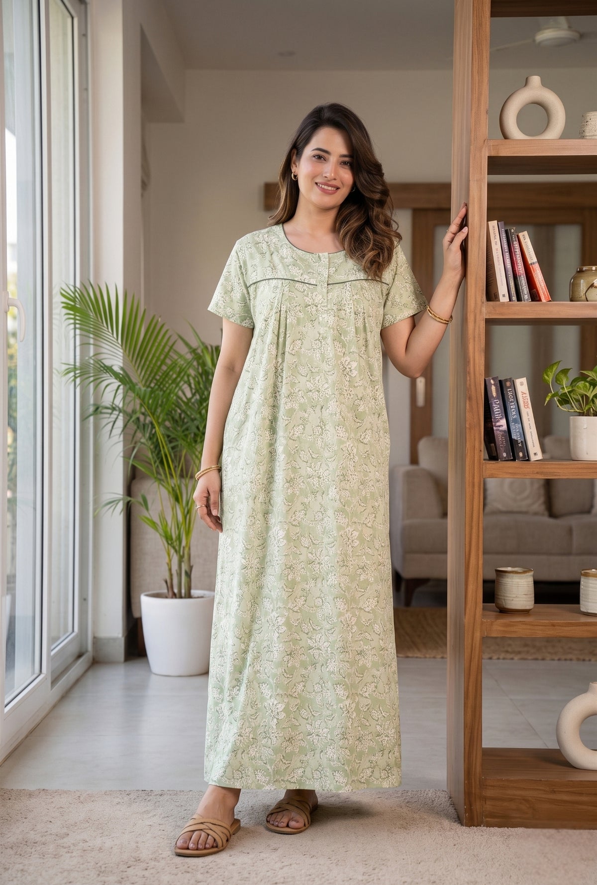 Haze Flower Olive Cotton Printed Nightwear Gowns