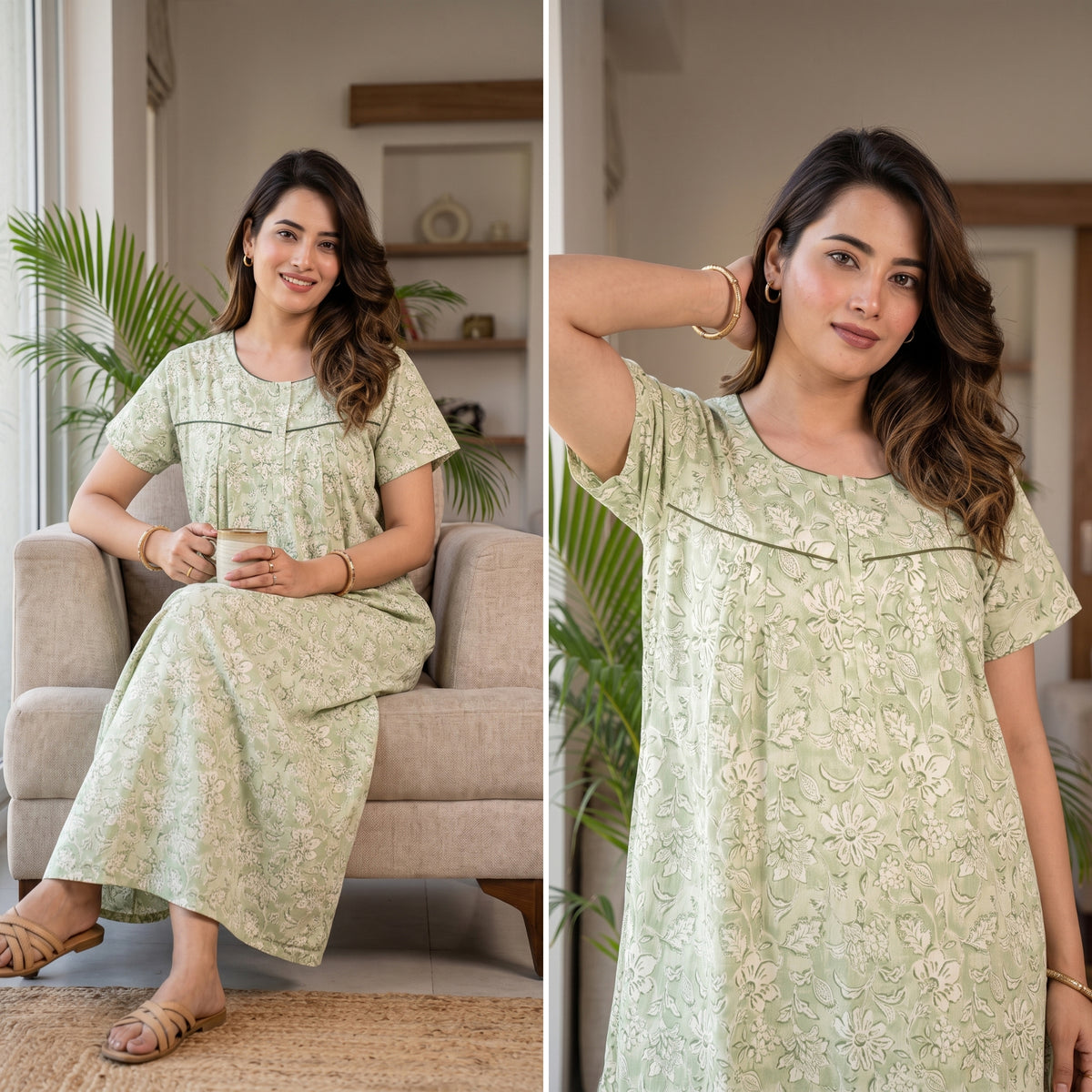 Haze Flower Olive Cotton Printed Nightwear Gowns