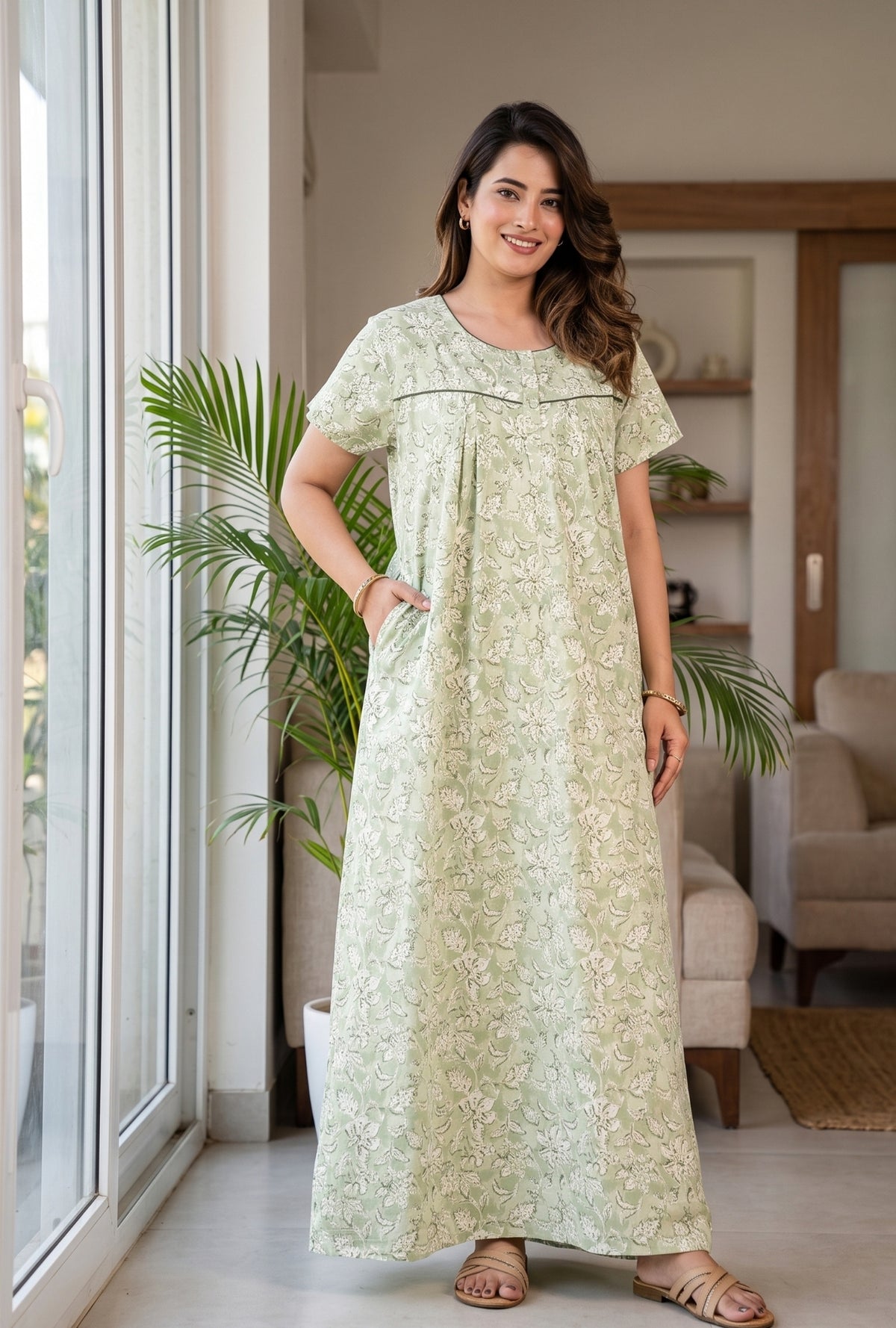 Haze Flower Olive Cotton Printed Nightwear Gowns