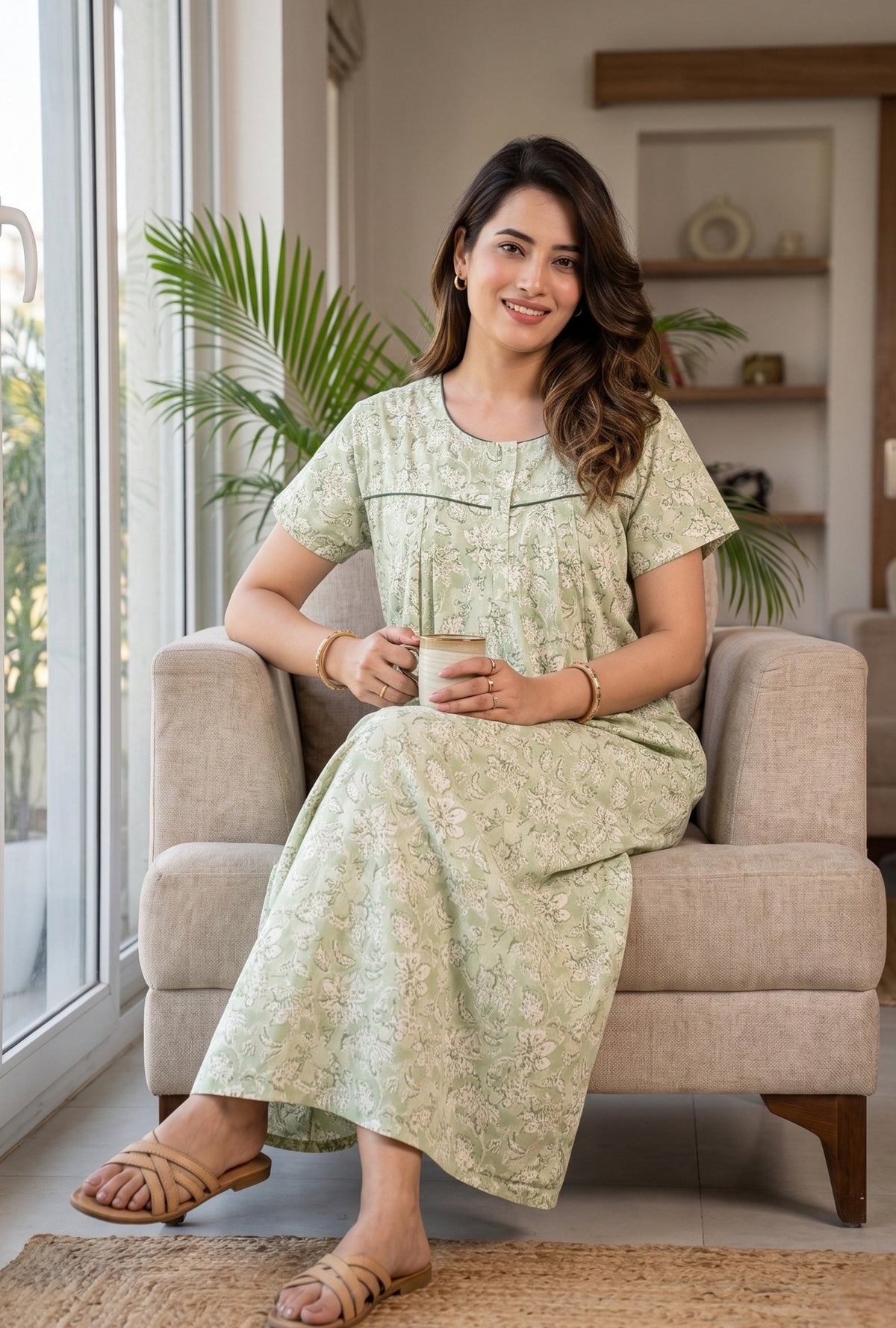 Haze Flower Olive Cotton Printed Nightwear Gowns