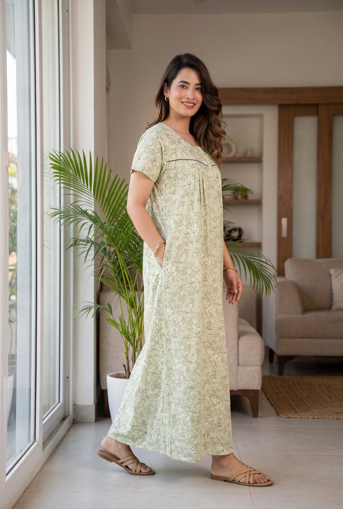 Haze Flower Olive Cotton Printed Nightwear Gowns