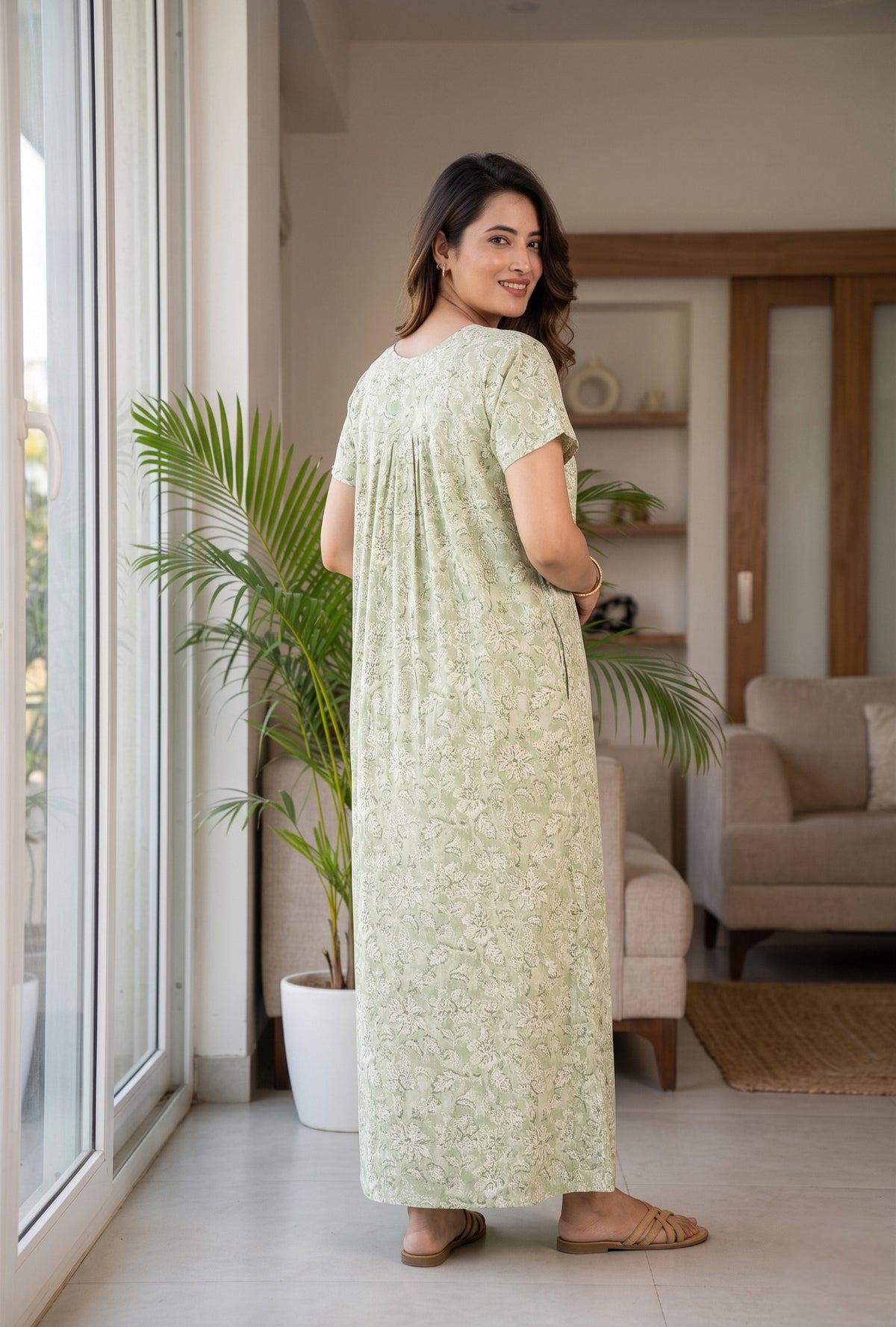 Haze Flower Olive Cotton Printed Nightwear Gowns