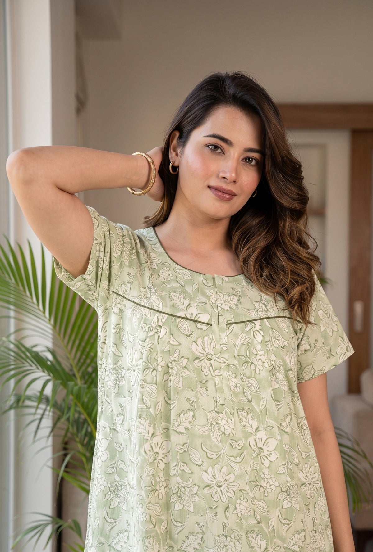 Haze Flower Olive Cotton Printed Nightwear Gowns