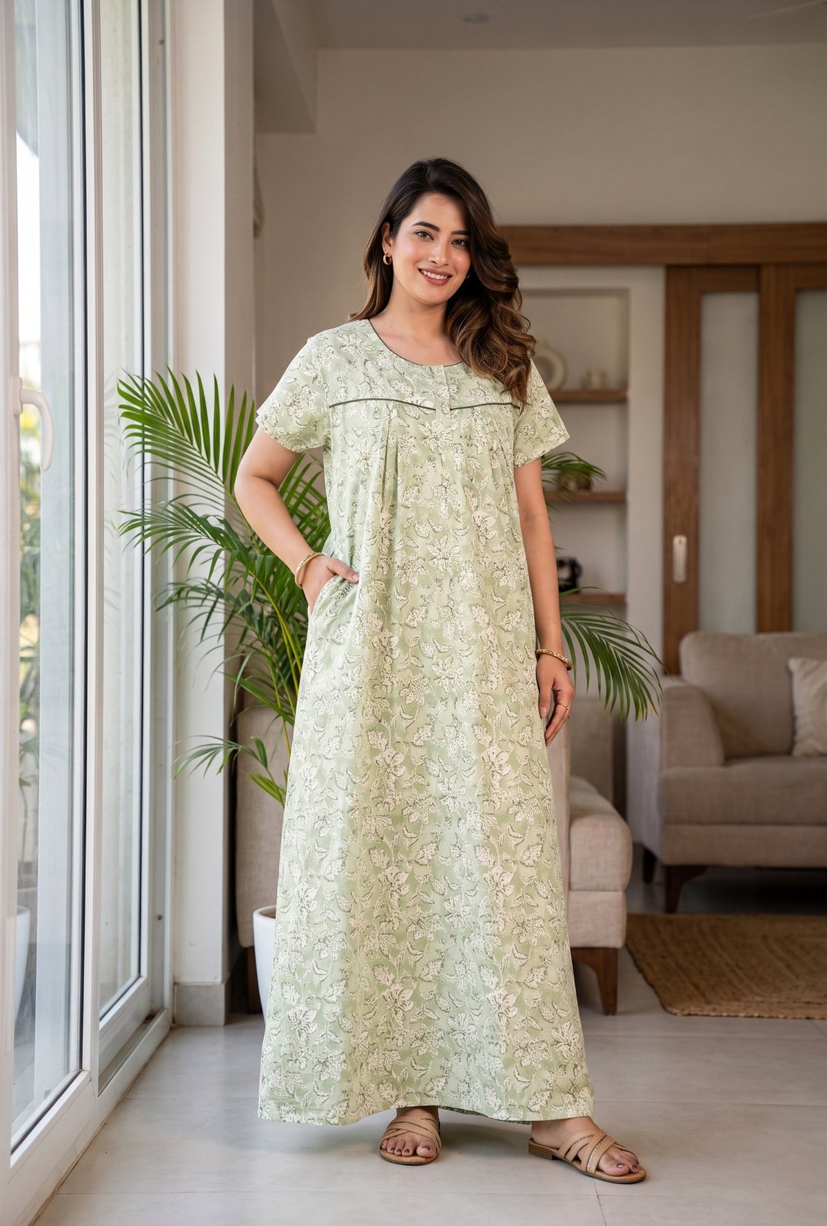 Haze Flower Olive Cotton Printed Nightwear Gowns