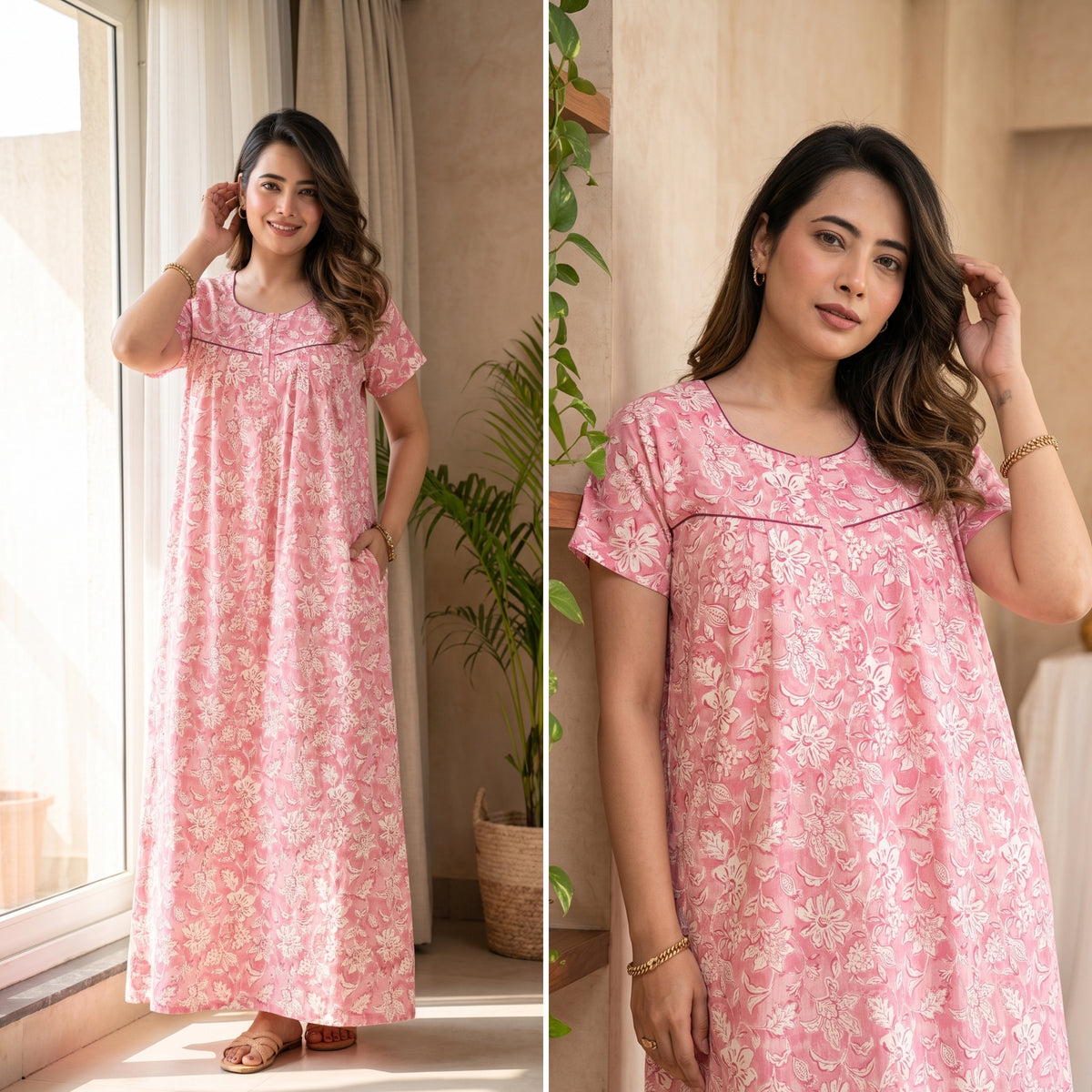 Haze Flower Pink Cotton Printed Nightwear Gowns