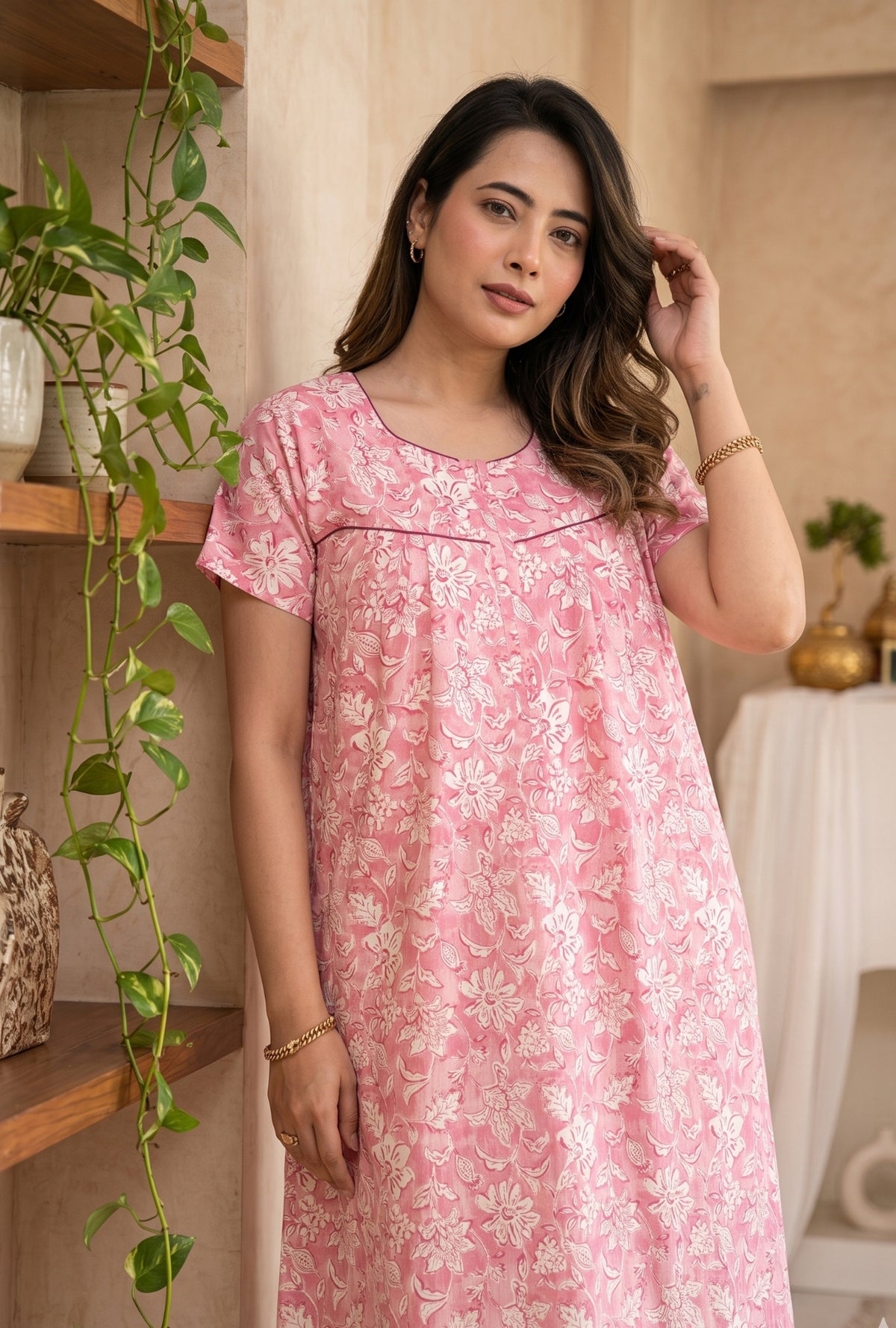 Haze Flower Pink Cotton Printed Nightwear Gowns
