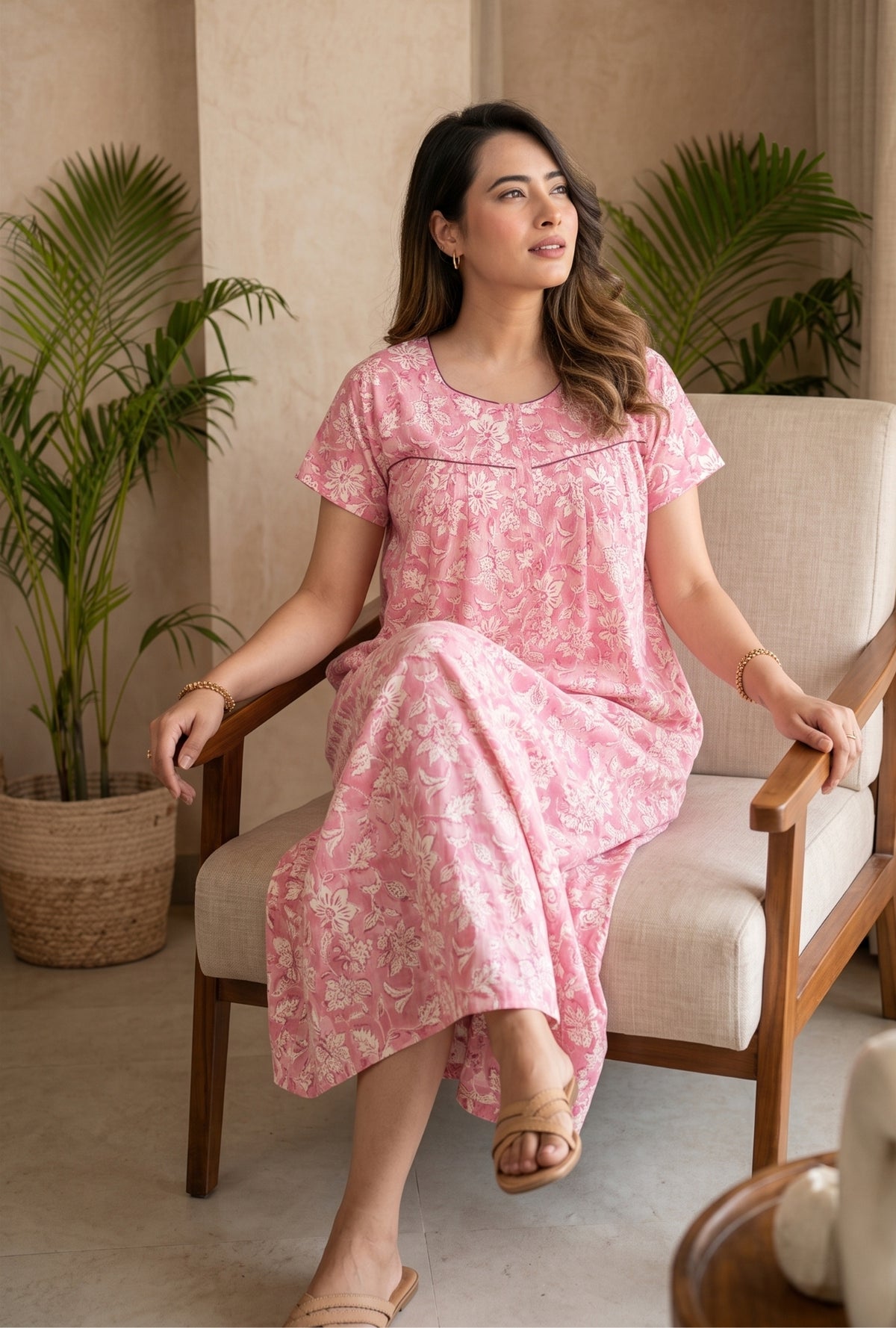 Haze Flower Pink Cotton Printed Nightwear Gowns