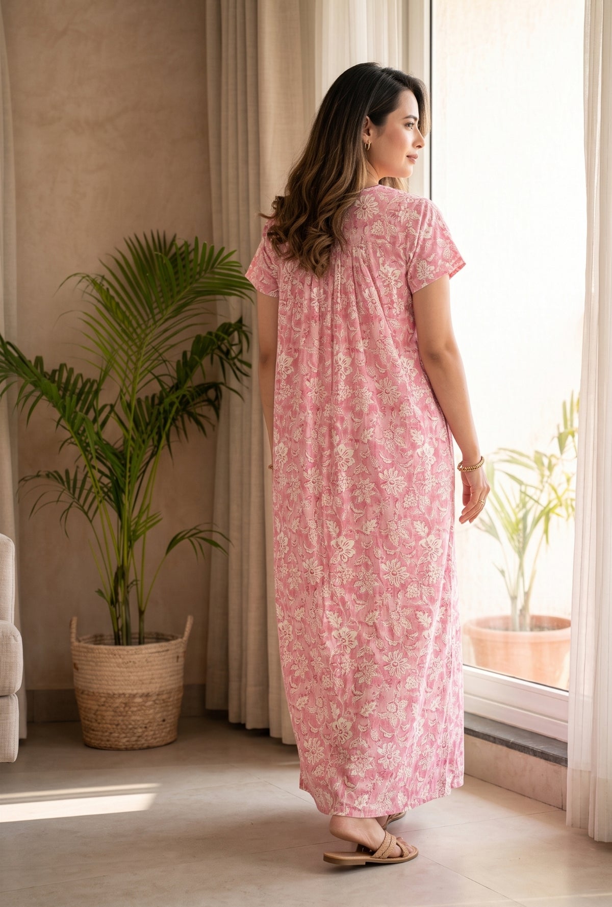 Haze Flower Pink Cotton Printed Nightwear Gowns