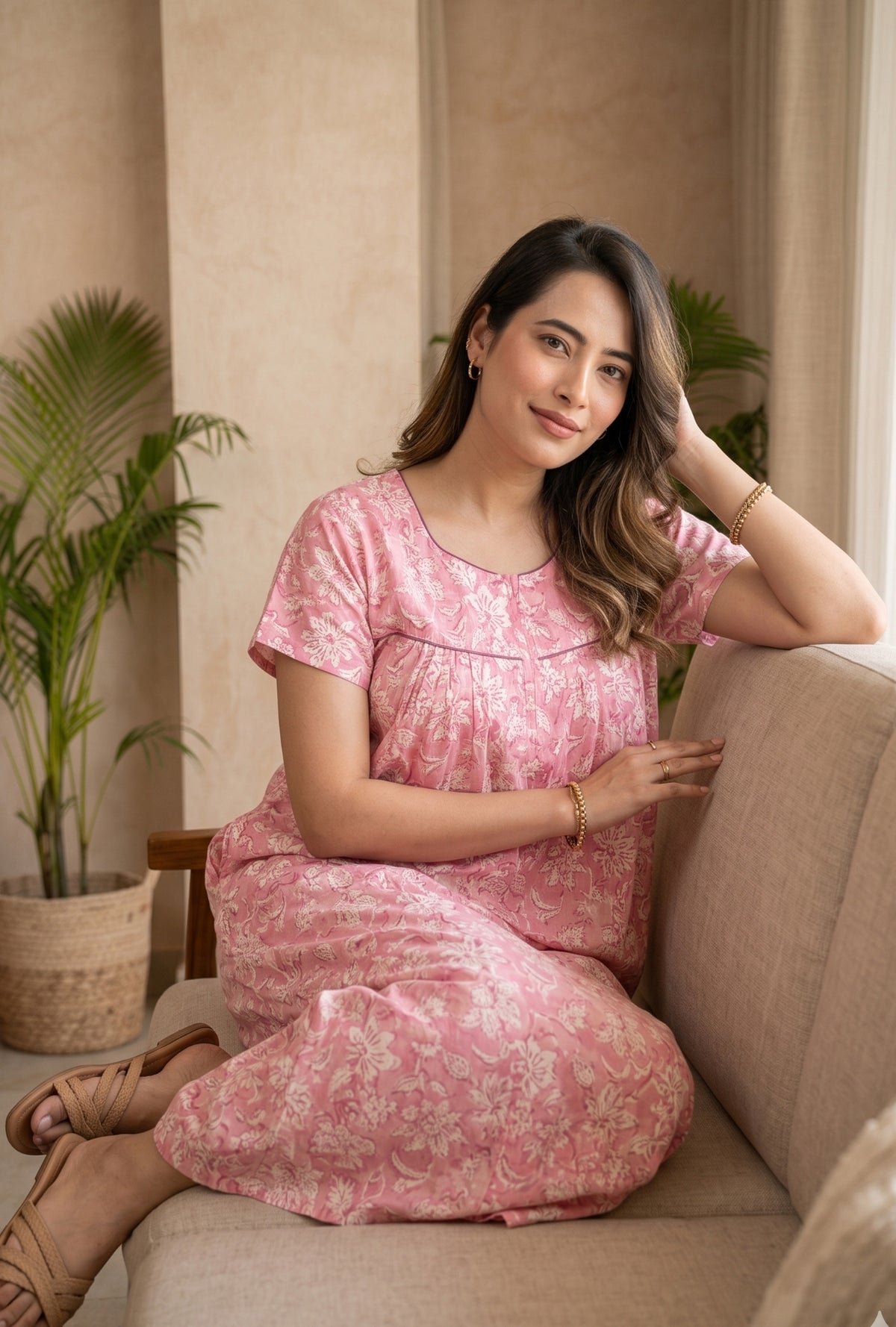 Haze Flower Pink Cotton Printed Nightwear Gowns